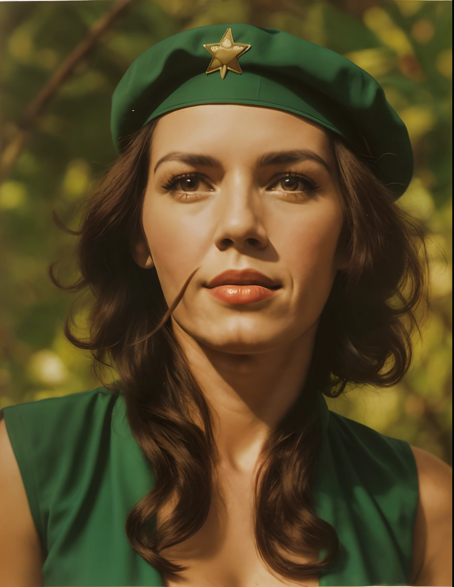 medium close-up of a lady (adult:1.6) posing as Che Guevara, color photo, in the tropical jungle, she's wearing a beret with a gold star on the forehead, red neckerchief, , cuban revolution, may 6 8, smug smirk, communist, with a pointed chin, low neckline, huge cleavage