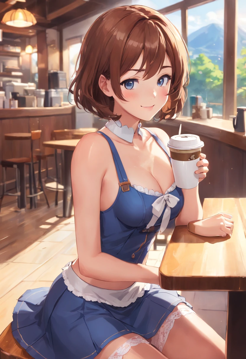 ((Masterpiece)), ((Best quality)), (Ultra-detailed), ,Cowboy shot, Cafe,A cute girl, Solo, ((Beautiful eyes)), Smile, cleavage,((1girll, Bob cut ,Brown hair, blue grey eyes, small boobs, Small breasts,A little extra weight, Big thighs, Big hips, Big ass, Young, Fair skin, Pale skin, freckle, Wavy hair, Coffee clothing)),((nice hand)),((Uncensored, Blush,view the viewer,White stockings,solofocus,Maid outfit,conniving,lifting her skirt),(NSFW),((conniving.wink)), ((spoken heart))