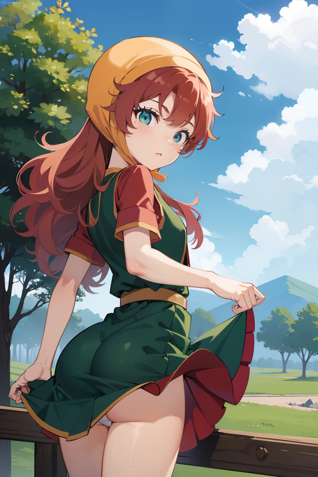 hight resolution、masterpiece、1girl in、Maribel、Green dress、a miniskirt、Looking to the side、white panties、heavy wind