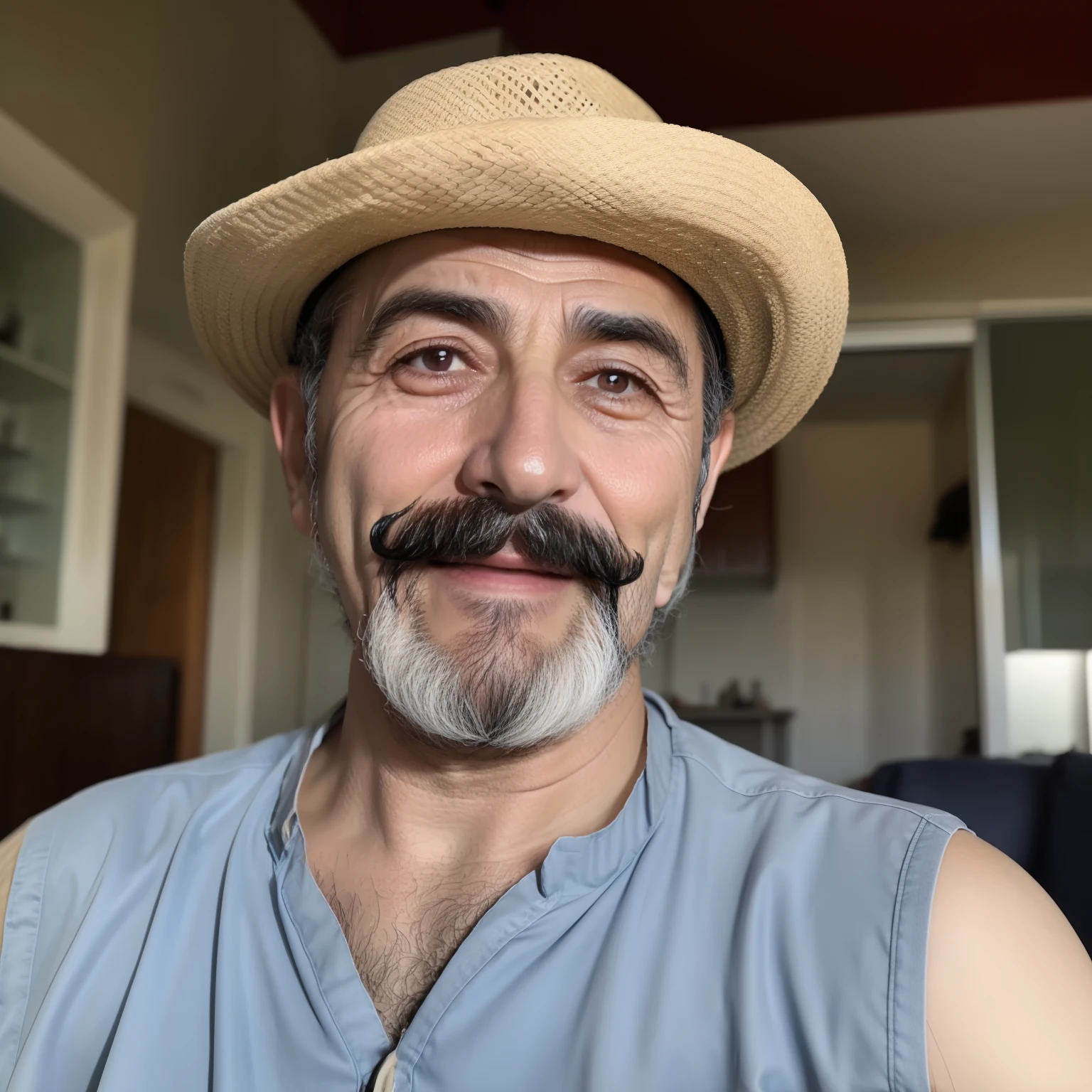 Funny old man, Italian, around 40 years old, with mustache, who likes to joke, hyper realistic,