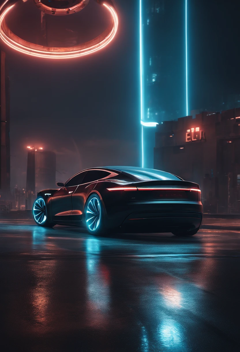 Cyberpunk-city, Tesla 3 body, Tesla logo, Tesla wheels, Drive on the road, Side, Ultra HD, High quality, High detail, Best quality, A high resolution, 4K, Masterpiece, Complementary colors, Poster effect, kanon, Atmospheric distance