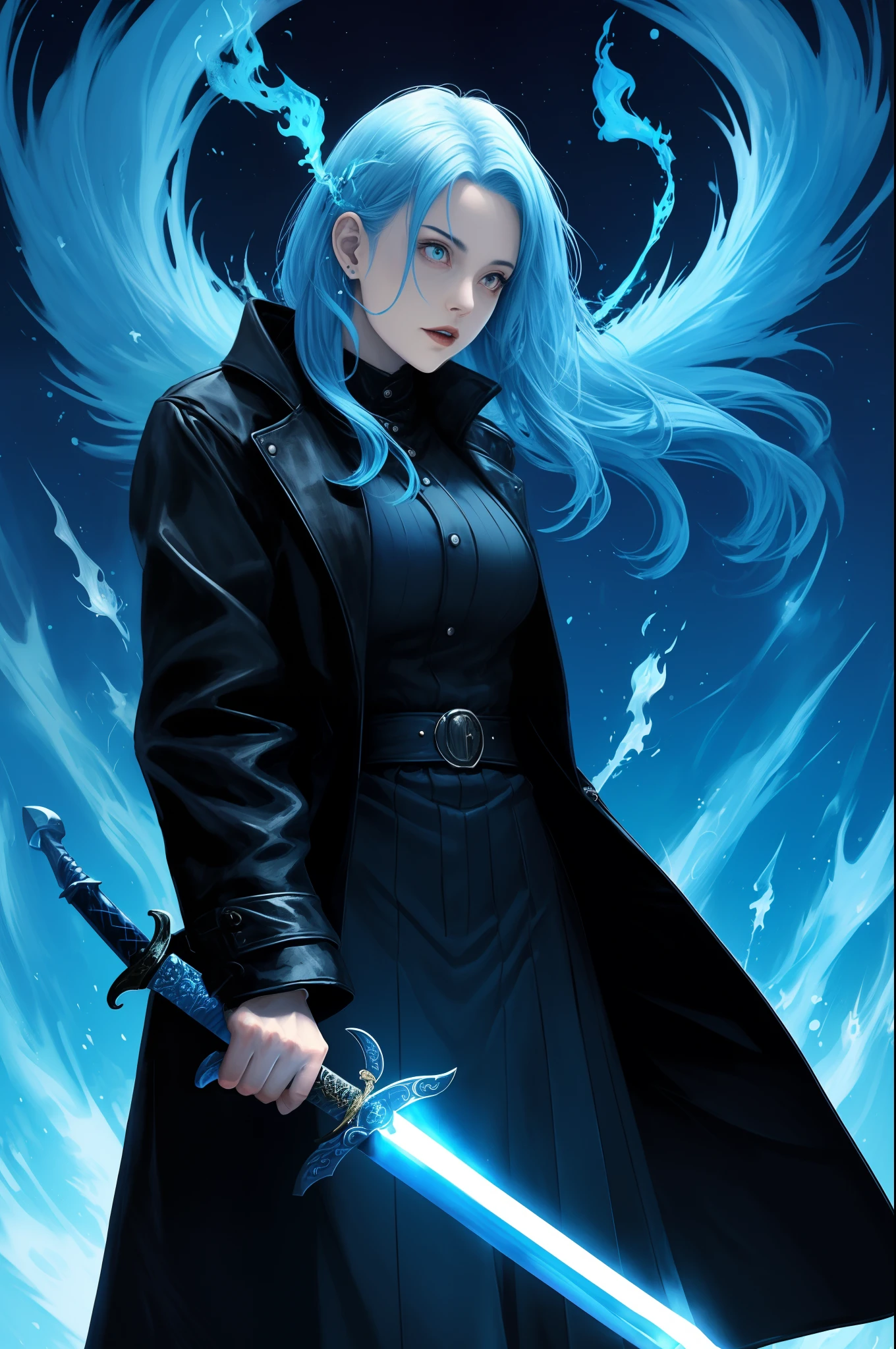 Blue, girl, exorcist, blue flame sword, black coat