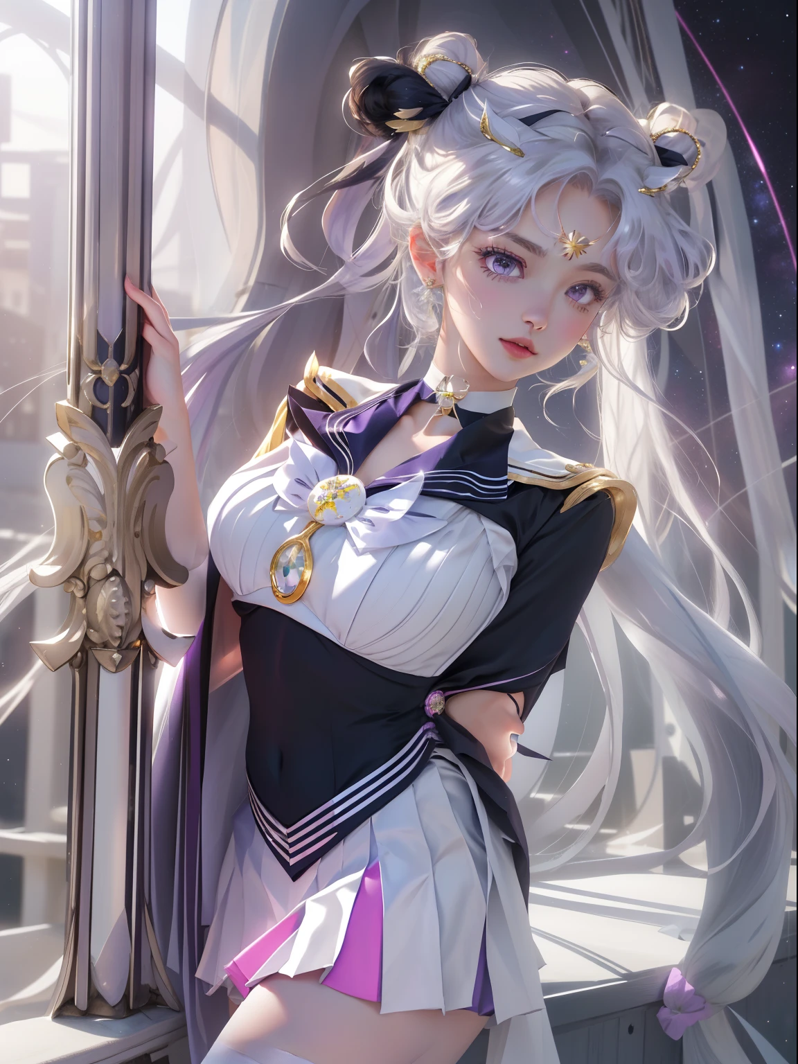 Photorealistic, (Hyperrealistic:1.2), (Extremely detailed Cg Unity 8K wallpaper), (Ultra-detailed), Masterpiece, Best quality, 1girll, Mariner Universe,, full bodyesbian,  Solo, Long hair, Skirt, hair adornments, double tails, jewelry, Purple eyes, White hair, Pleated skirt, Earrings, choker necklace, Sailor collar, hair-bun, Cape, Character name, double bun hair, face markings, White skirt, corsage, White sailor collar, Hairpin, forehead mark, a white choker, Sailor senshi uniform, holding staff，White stockings