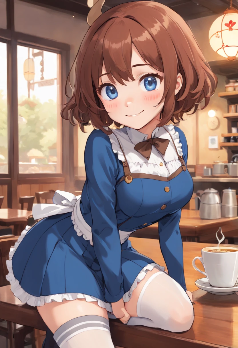 ((Masterpiece)), ((Best quality)), (Ultra-detailed), ,Cowboy shot, Cafe,A cute girl, Solo, ((Beautiful eyes)), Smile, cleavage,((1girll, Bob cut ,Brown hair, blue grey eyes, small boobs, Small breasts,A little extra weight, Big thighs, Big hips, Big ass, Young, Fair skin, Pale skin, freckle, Wavy hair, Coffee clothing)),((nice hand)),((Uncensored, Blush,view the viewer,White stockings,solofocus,Maid outfit,conniving,lifting her skirt),(NSFW),((conniving.wink)), ((spoken heart))