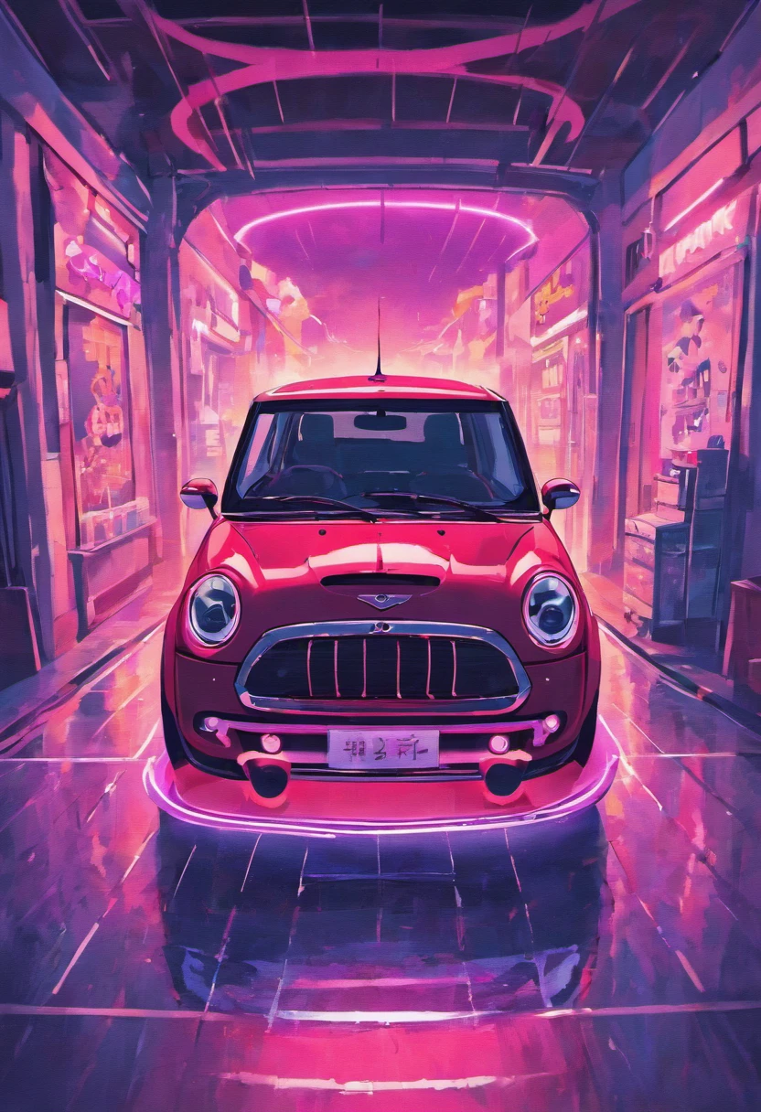 The same Mini Cooper as the real thing before sunset, Vaporwave Style, Neon style, smooth lines, Vector gluing art, Vector Kernel, intricate detailes, Black T-shirt Design, 8K