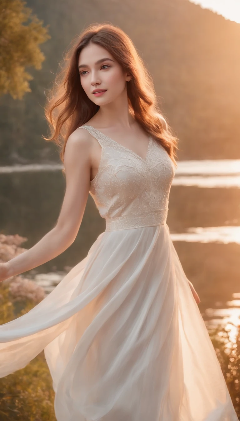 1 girl, Happy expression, Charming eyes, straight long hair, Flowing skirt, , Look at the sun, Calm posture, Porcelain-like skin, Subtle blush, crystal pendant BREAK golden hour, (Edge lighting): 1.2, Cool colors, Sun flare, Soft shadows, Bright colors, painterly effect, Fantastic atmosphere to rest on a scenic lake, Distant mountains, pines, Mountain tops, Pondering, Sunlit clouds, Tranquil atmosphere, Idyllic sunrise, Ultra detailed, offcial art, Unified 8K wallpapers, zentangle, mandalas