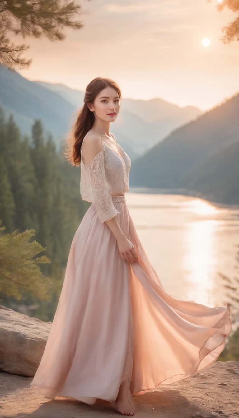 1 girl, Happy expression, Charming eyes, straight long hair, Flowing skirt, , Look at the sun, Calm posture, Porcelain-like skin, Subtle blush, crystal pendant BREAK golden hour, (Edge lighting): 1.2, Cool colors, Sun flare, Soft shadows, Bright colors, painterly effect, Fantastic atmosphere to rest on a scenic lake, Distant mountains, pines, Mountain tops, Pondering, Sunlit clouds, Tranquil atmosphere, Idyllic sunrise, Ultra detailed, offcial art, Unified 8K wallpapers, zentangle, mandalas