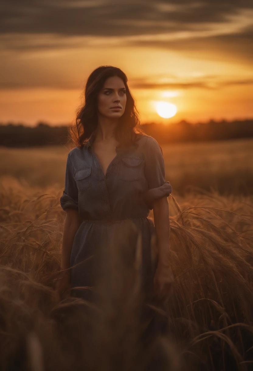 arafed woman with big boobs, sexy girl with brown eyes, big tits and boobs, portrait sophie mudd, black hair and large eyes,violet myers,looking directly at the camera, face with artgram,Silhouette of a woman working in fields, against radiant sunset, captured from a distance, vast farm and sky dominating the frame, lone farmer's sharply defined outline, warm golden hues, dedicated labor, breathtaking sunset, descending sun, colorful sky, dramatic shadows, sprawling farm, fertile land, rural beauty, hardworking woman, artistic interpretation, 8k, masterpiece, photorealism