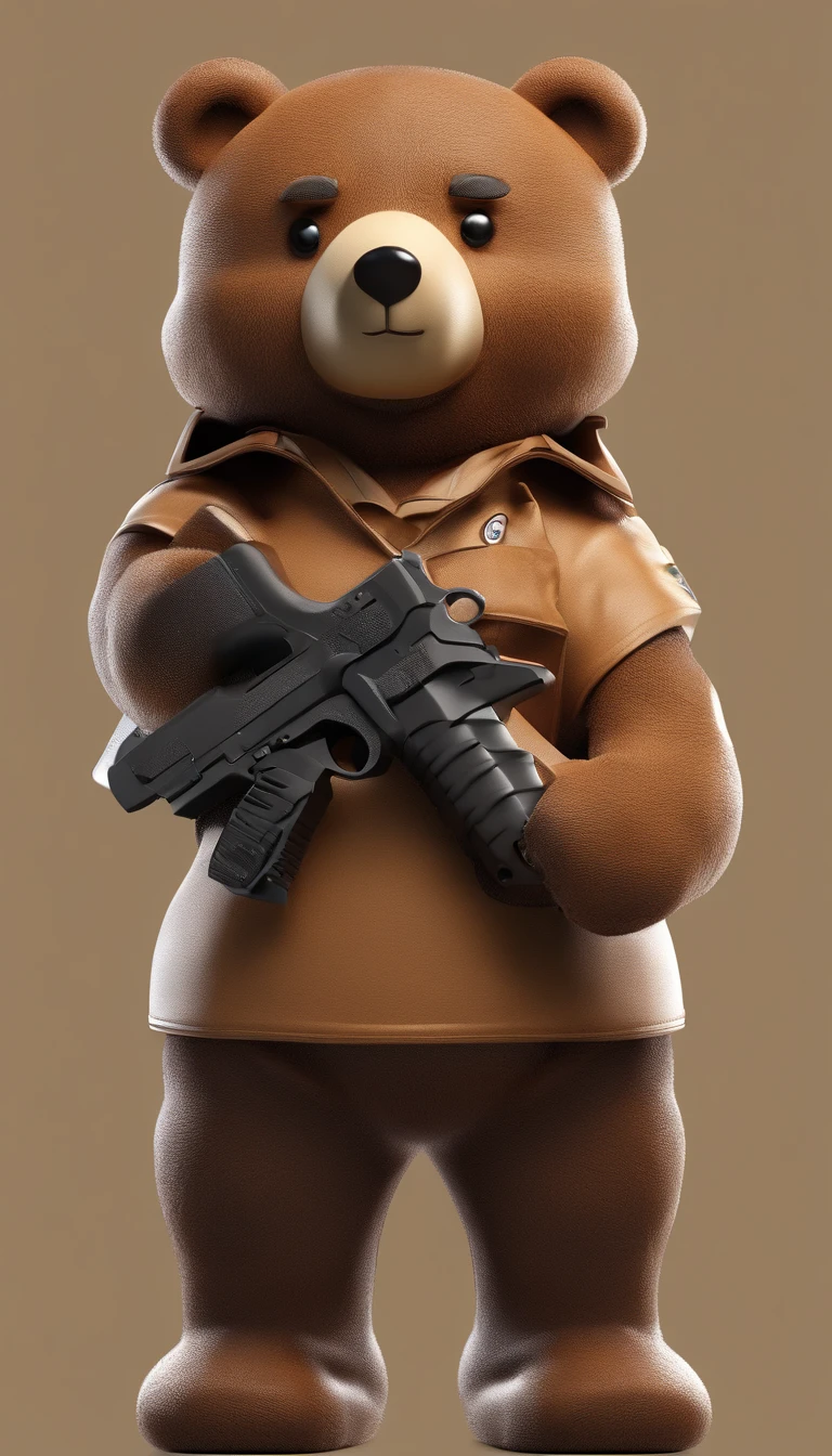 Brown teddy bear with guns high resolution full body, white background, without shadow
