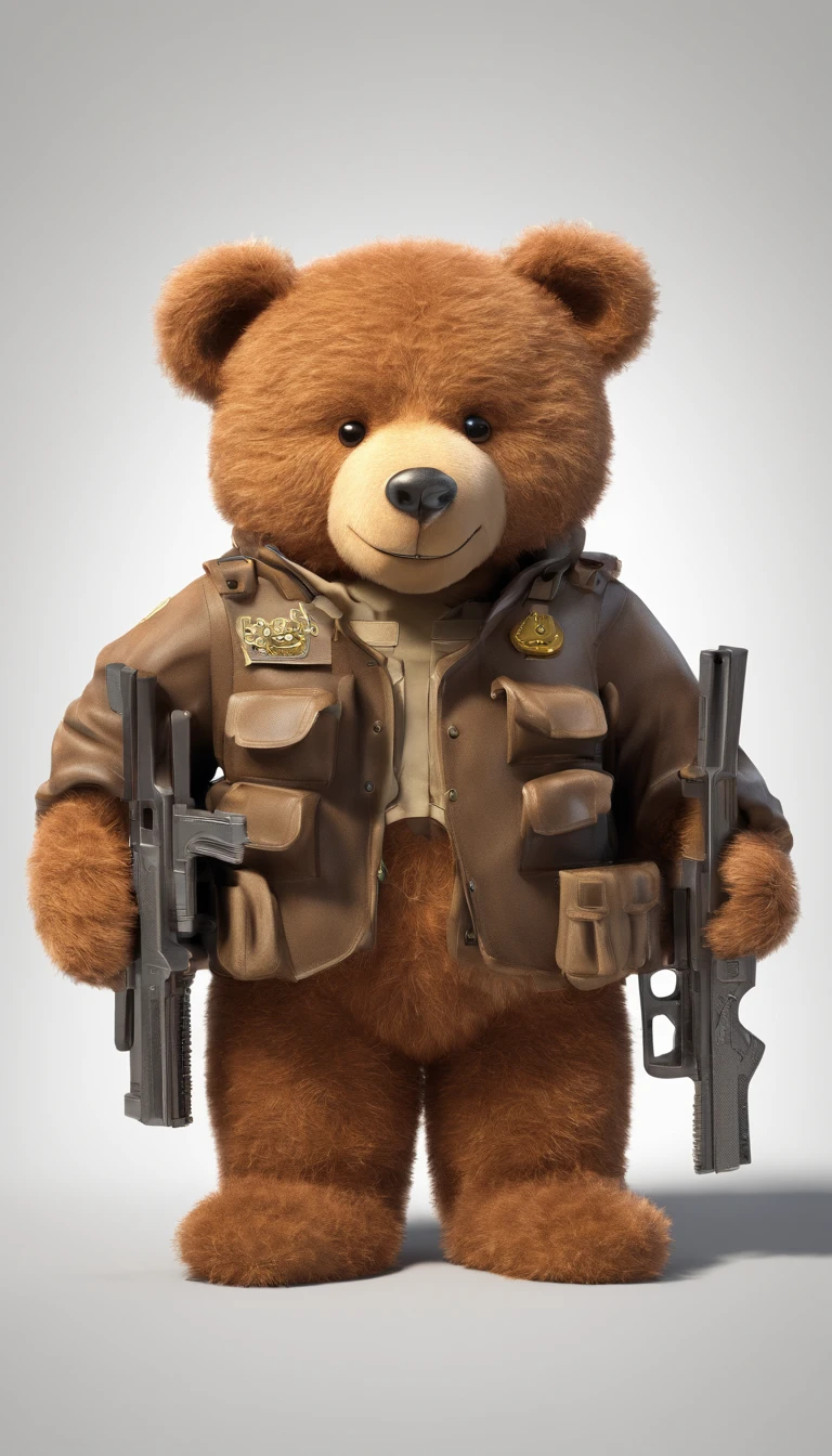 Brown teddy bear with guns high resolution full body, white background, without shadow