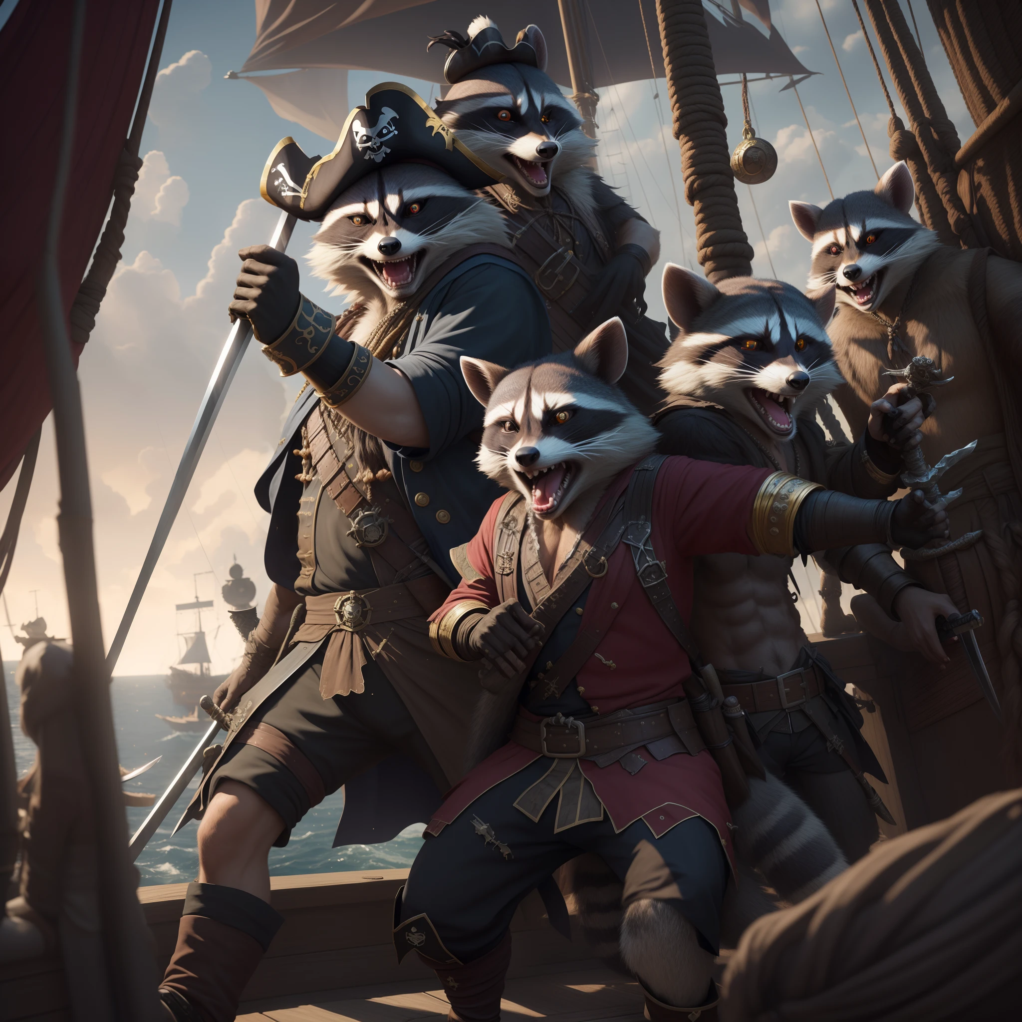 Racoons on a ship as pirates ,fighting with swords and guns , cinematic lighting, 8k, super detail, highres, 1080P, 16k, high details, high quality, award winning, super detail, masterpiece, ccurate, UHD