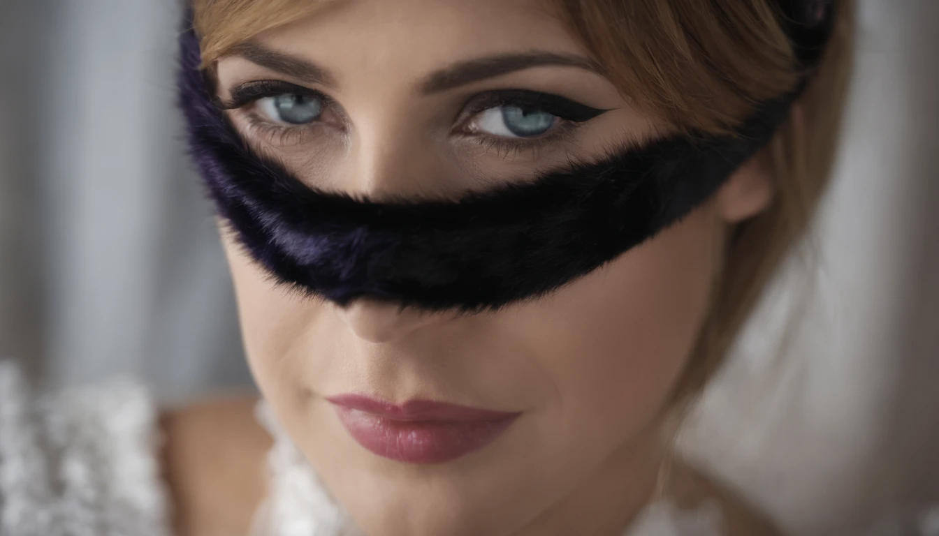 ((mask-eye-personalized)), ((standardized mask)), ((standardized eye mask)), fita de cabelo de corda, cabelo roxo, ((Realistic)), ((fotorealisim)), ((fotorrealista)), ((Cosplay)), ((vida real)), 1girl, sozinho, olhos fechados, cabelos pretos, cabelos multicoloridos, corar, fur trim, casaco com acabamento de pele, sorrir, casaco, cabelo roxo, cabelos longos, ((Eye Mask)), franja, boca fechada, arco, Gotas de suor voadoras, Avental branco, fita, Ataduras, Cabelos em dois tons, parte superior do corpo, white bow, ornamento de cabelo
