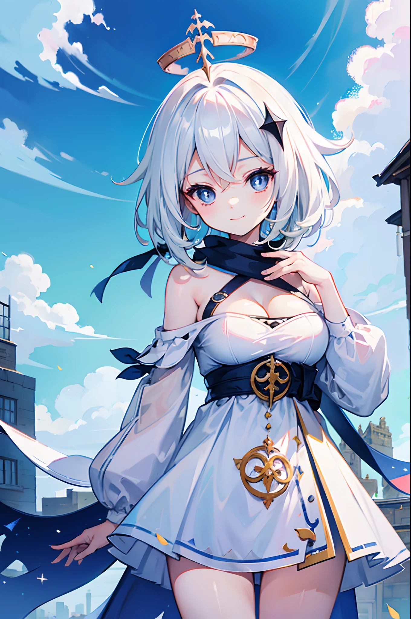 ((illustration)),(((Masterpiece))),((Best quality)),(high resolution), hignity 8k wallpaper, ((tchibi)), (Beautiful detailed eyes),(A high resolution), reflective hair,Paimundev, Large breasts，cleavage，standing, Upper body, Smile, Blush, Outdoors, day, Simple background, Blue sky, sky, Temple, view the viewer, Moody lighting, facingviewer,view the viewer，the original god，Paimon，Off-the-shoulder attire