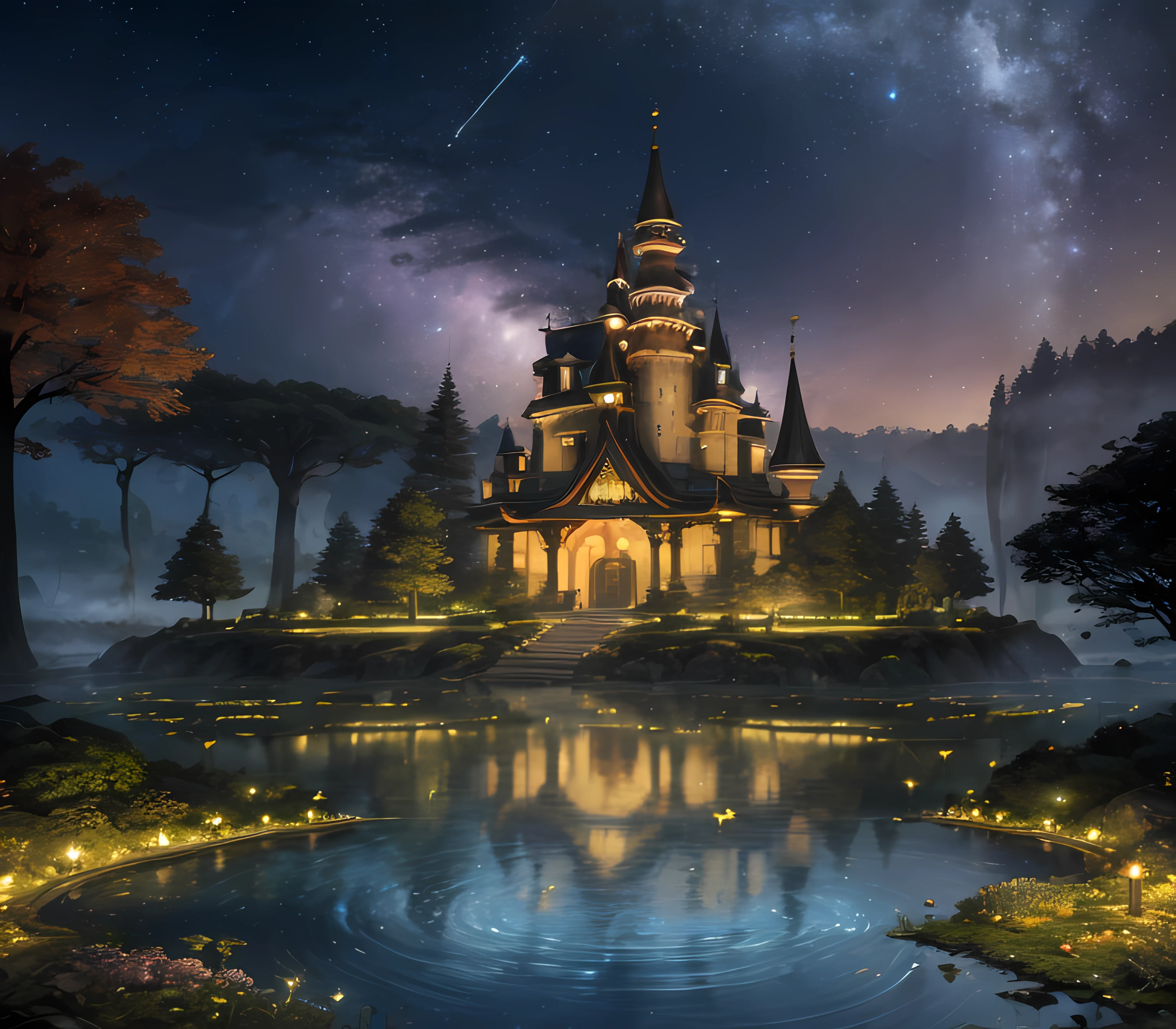 (best quality,4k,8k,highres,masterpiece:1.2),ultra-detailed,(realistic,photorealistic,photo-realistic:1.37),big view,fantasy land,guide house,biggest in the world,built on the big tree,10000 years,enchanted forest,majestic waterfall,ancient ruins,magical creatures,huge floating islands,mystical fog,ethereal glow,magical sky,sparkling stars,peaceful ambiance,whispering wind,towering trees,giant flowers,vibrant colors,playful fairies,hidden treasures,spellbinding atmosphere,unparalleled beauty,majestic architecture,enchanting pathways,glowing fireflies,peaceful tranquility,endless wonder,fantastic realm,awe-inspiring realm,fairytale-like scenery,adventure awaits,lush greenery,serene oasis,prominent canopy,twinkling lights,mystic energy,mesmerizing landscape, ancient wisdom