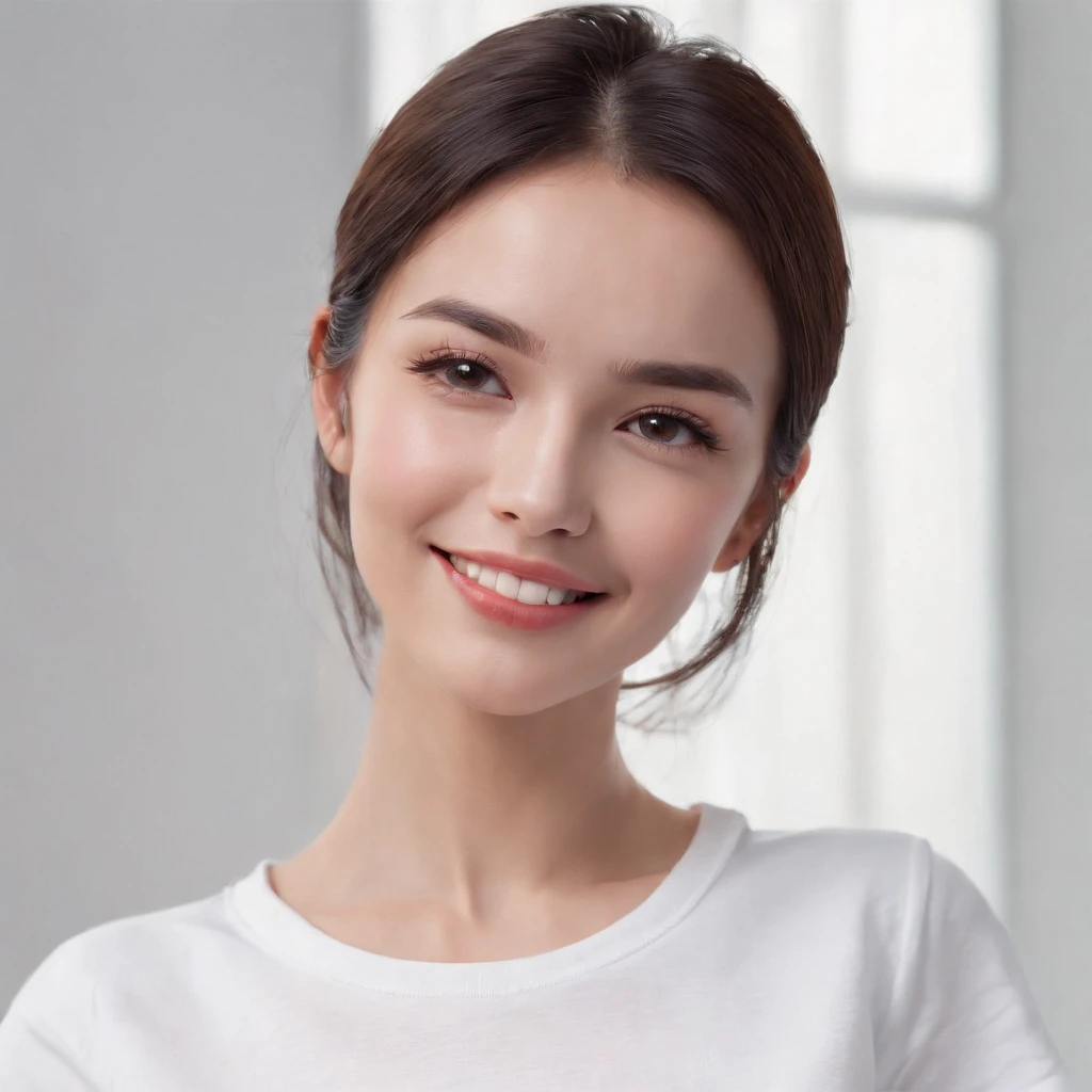 (photo: 1.3) af (realism: 1.3), (((white t-shirt))), super high resolution, (realism: 1.4), 1 girl, female avatar, soft light, black hair, smile, Facial focus, (( (white T-shirt))), cheerful, smiling, (short hair lady),, young, confident,, ((solid color background)), (((blank background))), high definition, details, perfect picture ,Movie quality,Ultra HD,female head portrait,beautiful girl,young and beautiful,exquisite face,elegant and luxurious