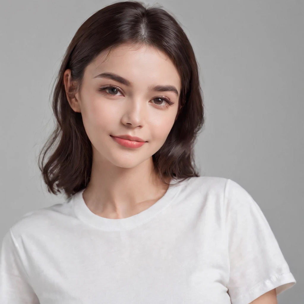 (photo: 1.3) af (realism: 1.3), (((white t-shirt))), super high resolution, (realism: 1.4), 1 girl, female avatar, soft light, black hair, smile, Facial focus, (( (white T-shirt))), cheerful, smiling, (short hair lady),, young, confident,, ((solid color background)), (((blank background))), high definition, details, perfect picture ,Movie quality,Ultra HD,female head portrait,beautiful girl,young and beautiful,exquisite face,elegant and luxurious