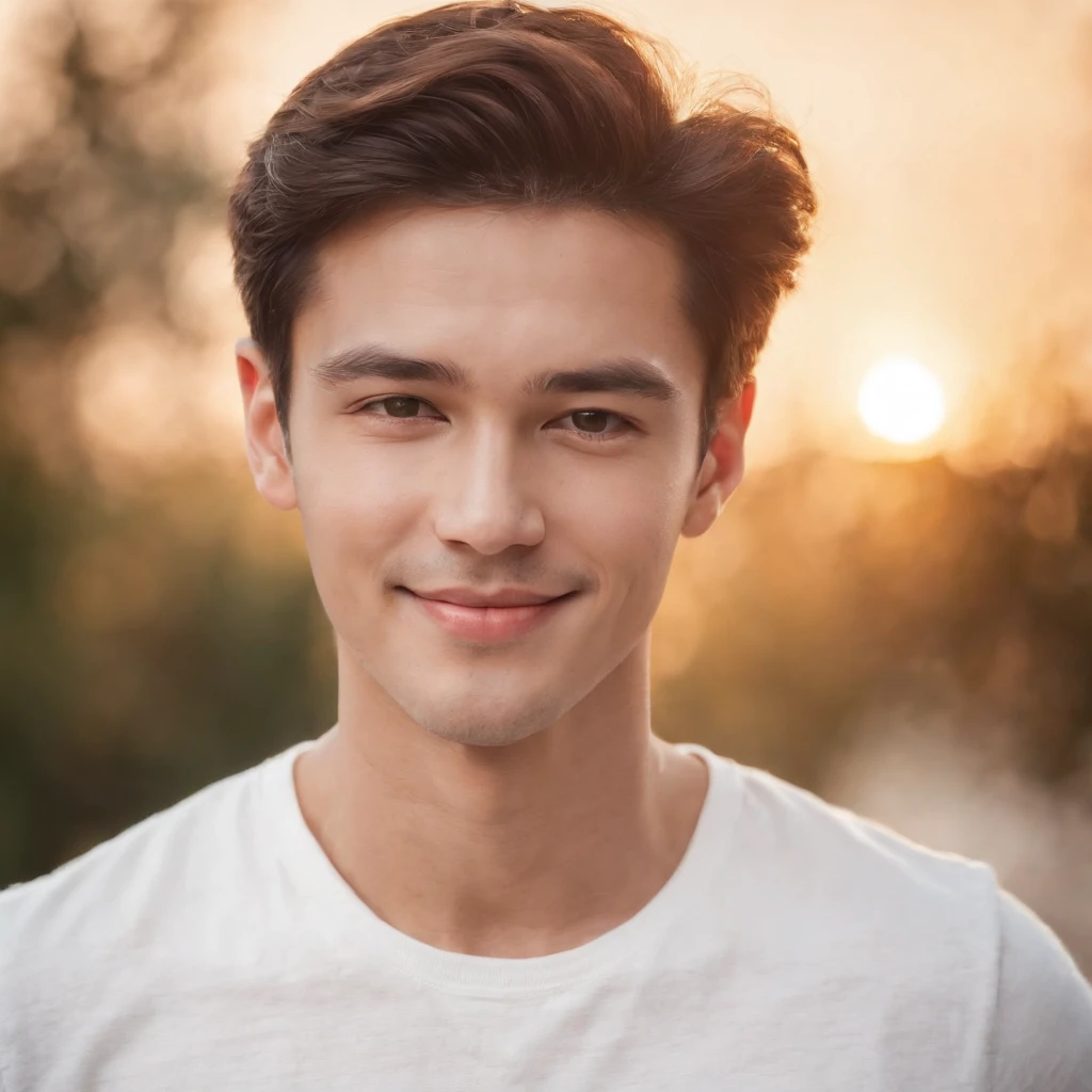 (photo: 1.3) af (realism: 1.3), male headshot, soft light, face focus, ((((white t-shirt))) happy, cheerful, smiling, warm light, ((blank background)) , profile picture, (long hair or short hair), smiling, handsome, young, , short hair, smiling