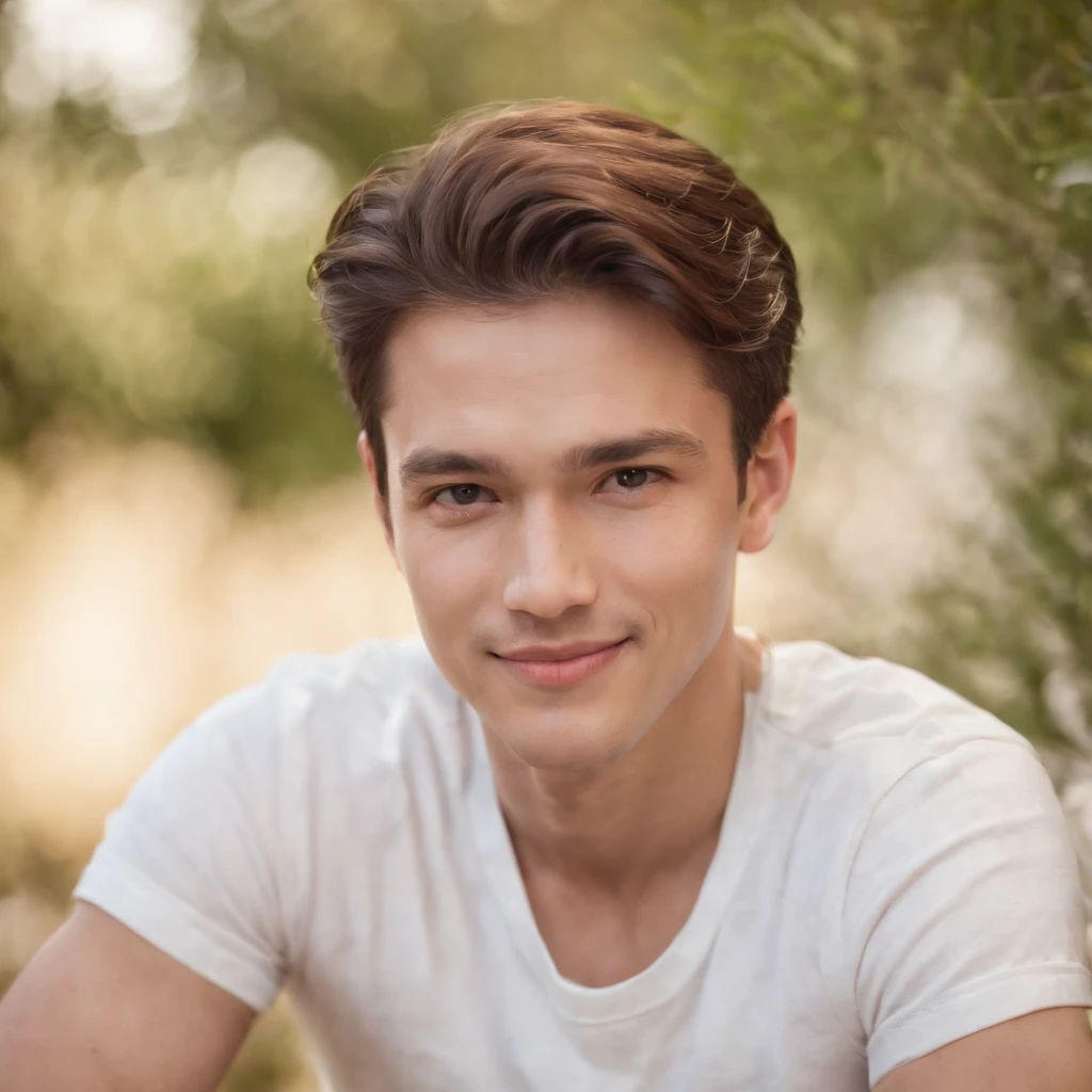 (photo: 1.3) af (realism: 1.3), male headshot, soft light, face focus, ((((white t-shirt))) happy, cheerful, smiling, warm light, ((blank background)) , profile picture, (long hair or short hair), smiling, handsome, young, , short hair, smiling