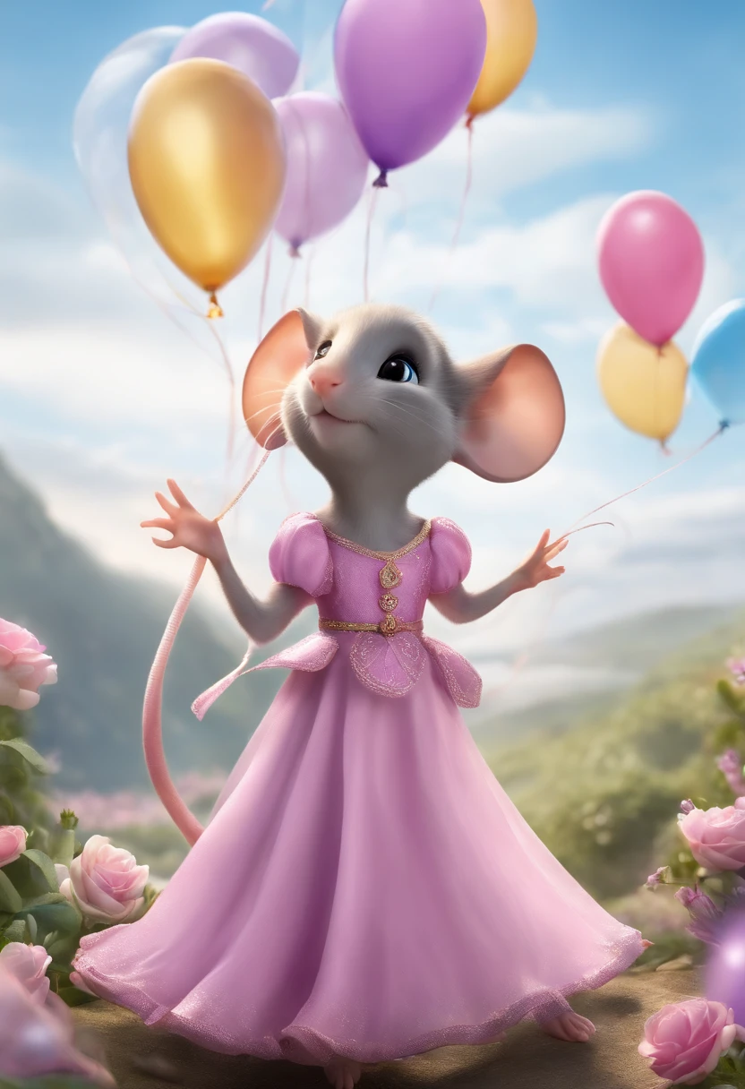 A mouse in a small pink dress,Take colorful balloons and fly into the air,There are blue skies and white clouds,And a purple elf,Elves have large, pointy ears
