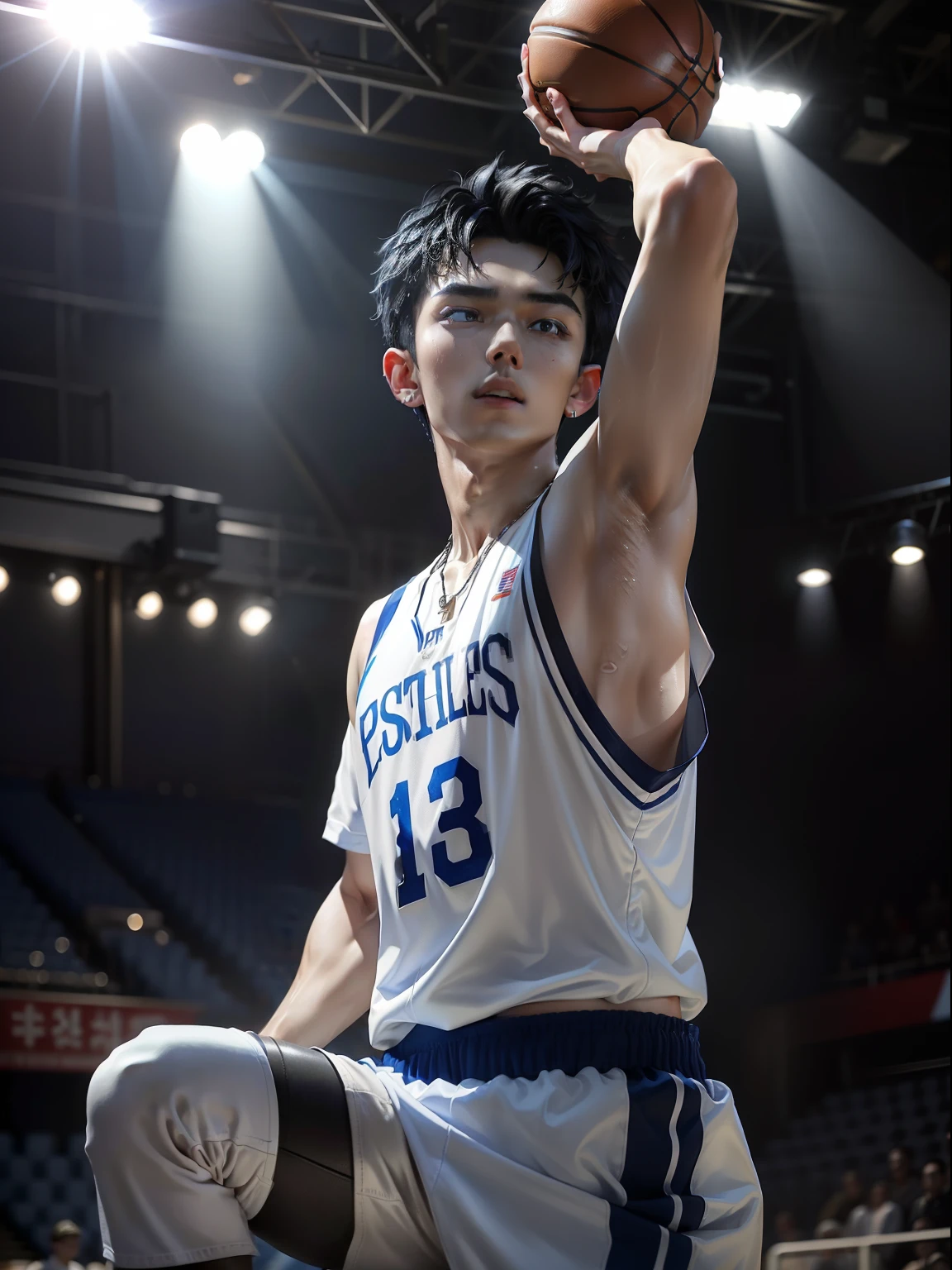 hight resolution、realisitic、realistic、A hyper-realistic、basketball uniform, 17-year-old Korean、Male Idol、male, Black hair permed hair、Light blue eyes、fair white skin、wet armpit、numerous piercings in the ears、Alone、Upper body photo、Sweating、Dancing、Cross Necklace