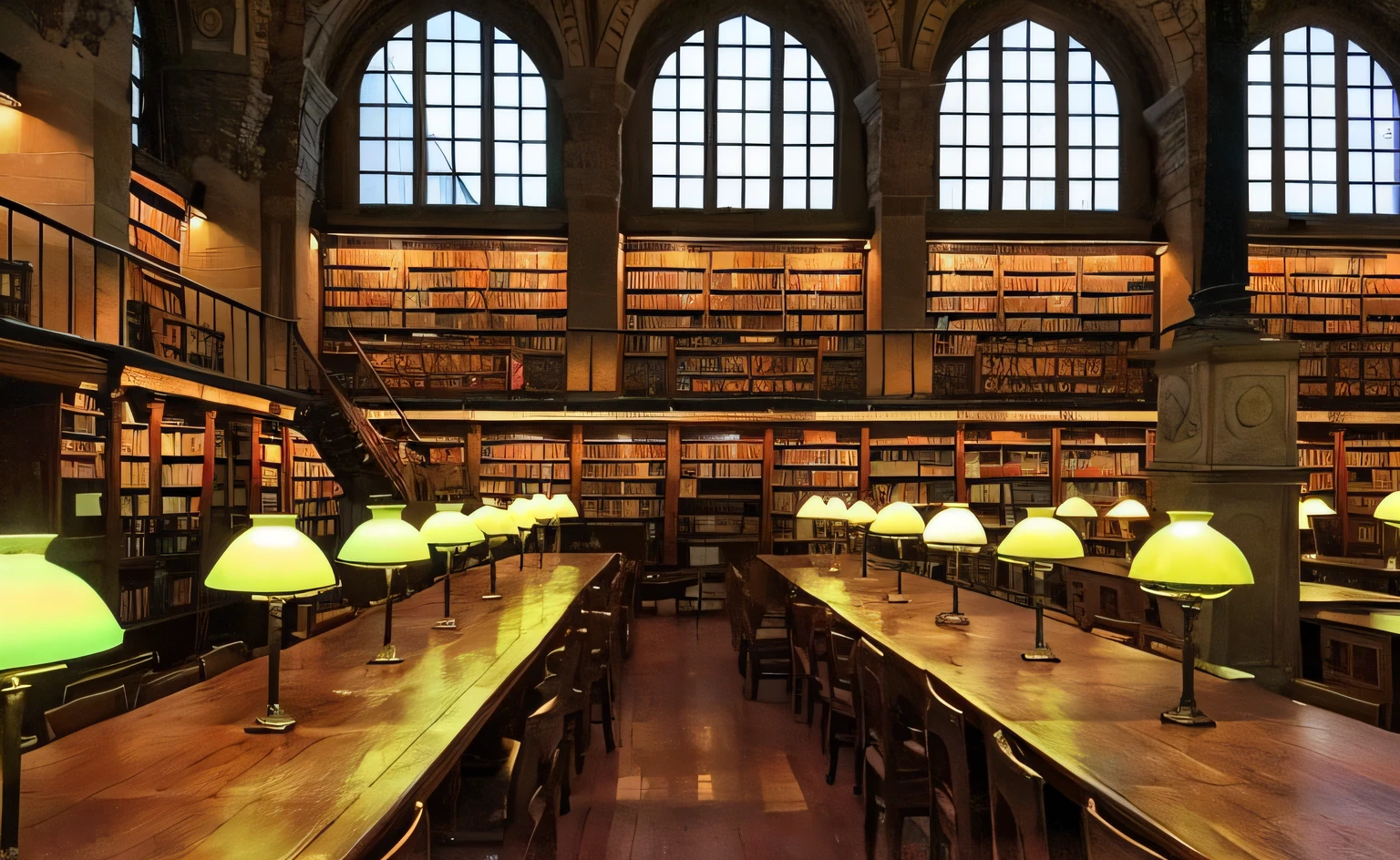 A dimly lit library,There is a long table and many lamps, book library studying, vast library, inside a library, big library, old library, Inside the library, ancient library, gloomy library, In a library, in a gloomy library, an eternal library, fancy library, In the gorgeous library, library, Castle Library, library background, dusty library, gothic library,Realisticstyle,Lots of detail