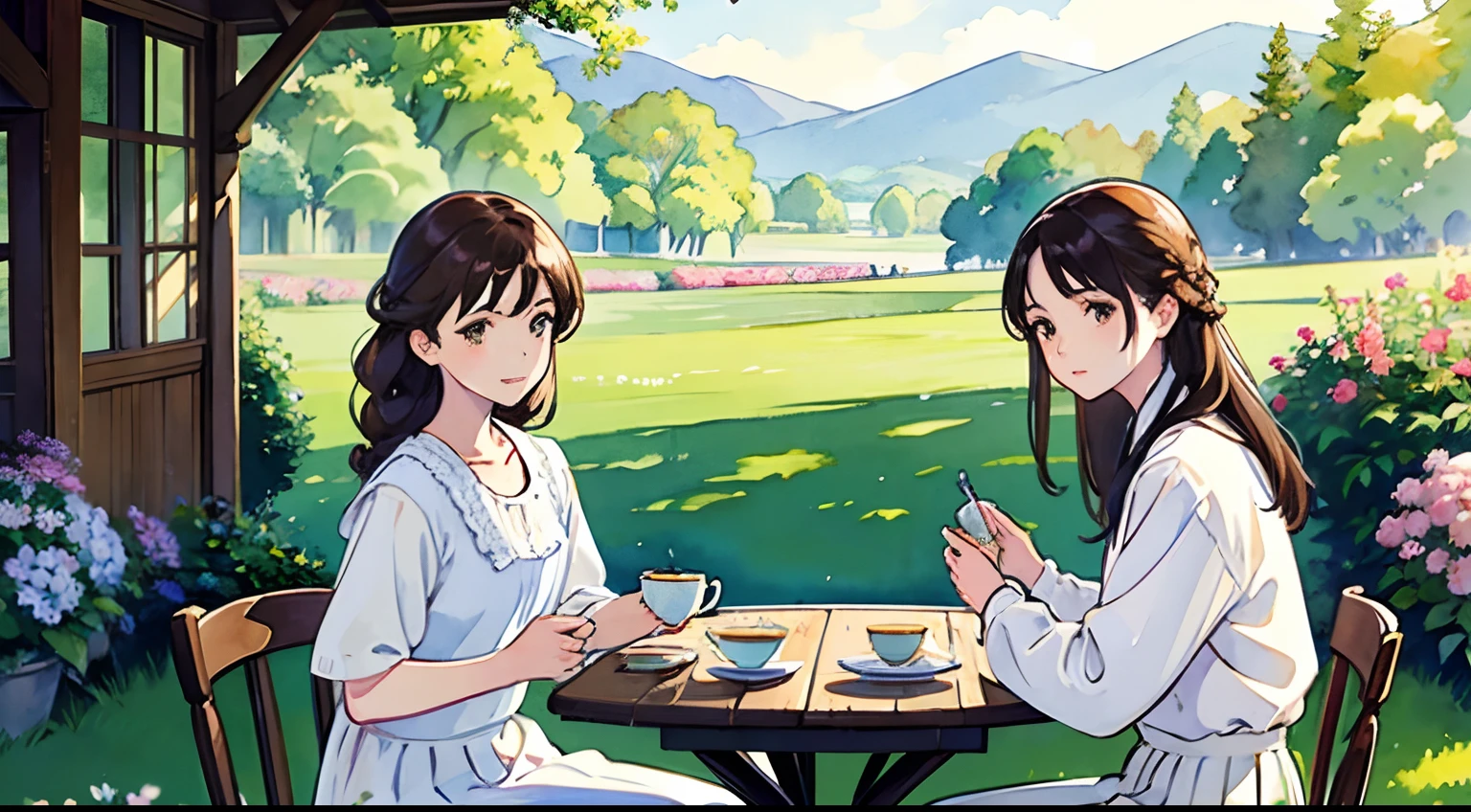 (Watercolor in Sargent style)、(top-quality、masterpiece)、Soft light、View of the Cotswolds,Old farmhouse、rivulets、flower bloom、One lady、dark brown hair、Braided hair、White blouse and long skirt、picnic、tea set、drinking a cup of tea、
