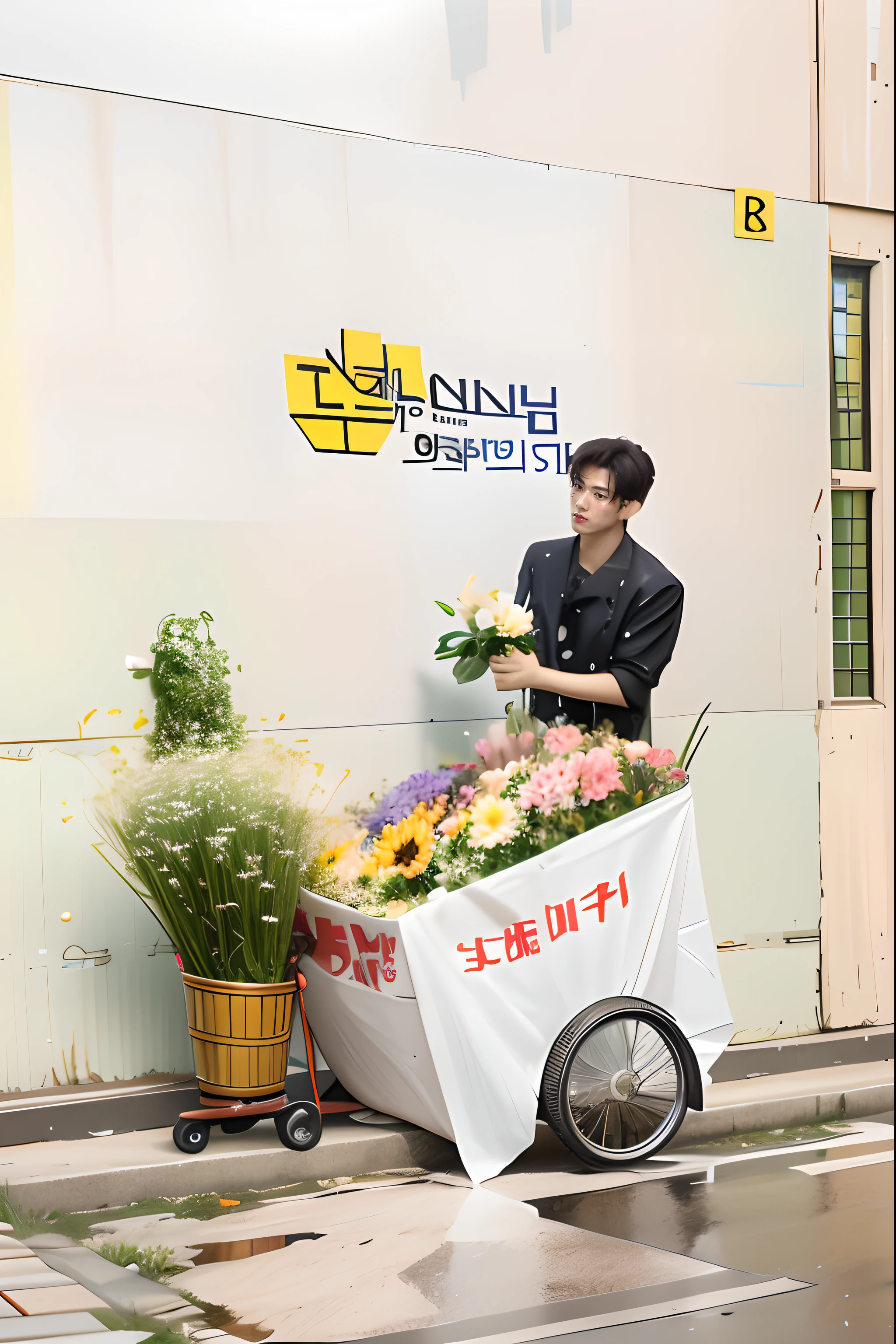 there is a man that is standing next to a cart with flowers, hand holding watering-pot, nostalgic feeling, flower shop scene,, flowers rain everywhere, korean artist