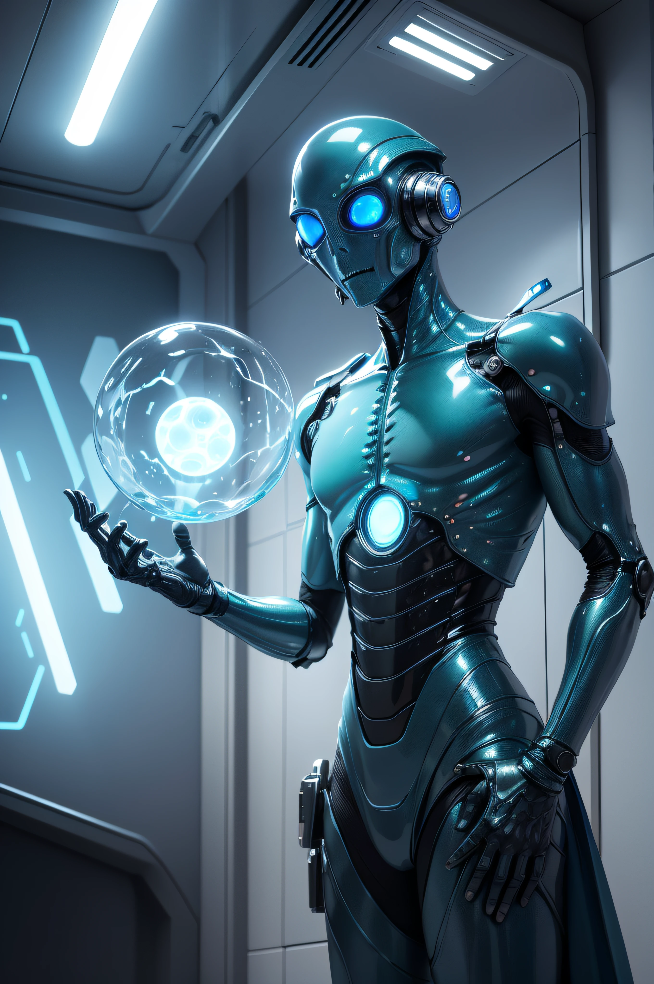 (detailed,realistic,highres,best quality:1.2),alien doctor with detailed face and body,blue alien skin,long tentacle-like fingers,big almond-shaped eyes,green eye color,shiny metallic robotic arm,medical coat,holding a futuristic medical device,standing inside the iconic TARDIS,time-traveling spaceship from Doctor Who,sparkling futuristic technology,complex machinery,icy blue interior with blinking lights,vibrant color palette,immersed in a glowing blue light,with an otherworldly atmosphere