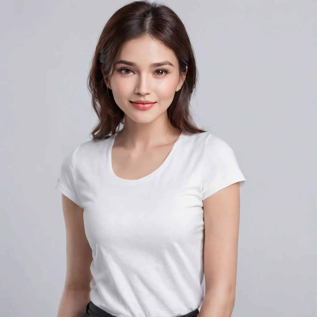 (photo: 1.3) af (realism: 1.3), (((white t-shirt))), super high resolution, (realism: 1.4), 1 girl, female avatar, soft light, black hair, smile, Facial focus, (( (white T-shirt))), cheerful, smiling, (short hair lady),, young, confident,, ((solid color background)), (((blank background))), high definition, details, perfect picture ,Movie quality,Ultra HD,female head portrait,beautiful girl,young and beautiful,exquisite face,elegant and luxurious