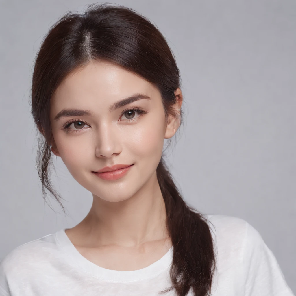 (photo: 1.3) af (realism: 1.3), (((white t-shirt))), super high resolution, (realism: 1.4), 1 girl, female avatar, soft light, black hair, smile, Facial focus, (( (white T-shirt))), cheerful, smiling, (short hair lady),, young, confident,, ((solid color background)), (((blank background))), high definition, details, perfect picture ,Movie quality,Ultra HD,female head portrait,beautiful girl,young and beautiful,exquisite face,elegant and luxurious