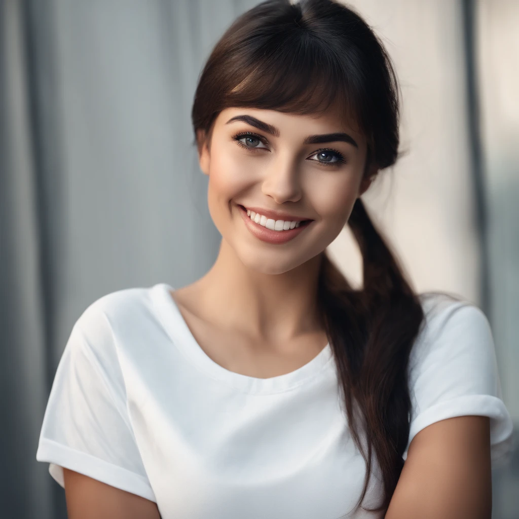 (photo: 1.3) af (realism: 1.3), (((white t-shirt))), super high resolution, (realism: 1.4), 1 girl, female avatar, soft light, black hair, smile, Facial focus, (( (white T-shirt))), cheerful, smiling, (short hair lady),, young, confident,, ((solid color background)), (((blank background))), high definition, details, perfect picture ,Movie quality,Ultra HD,female head portrait,beautiful girl,young and beautiful,exquisite face,elegant and luxurious
