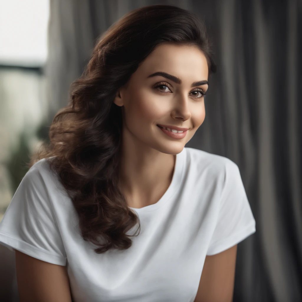 (photo: 1.3) af (realism: 1.3), (((white t-shirt))), super high resolution, (realism: 1.4), 1 girl, female avatar, soft light, black hair, smile, Facial focus, (( (white T-shirt))), cheerful, smiling, (short hair lady),, young, confident,, ((solid color background)), (((blank background))), high definition, details, perfect picture ,Movie quality,Ultra HD,female head portrait,beautiful girl,young and beautiful,exquisite face,elegant and luxurious