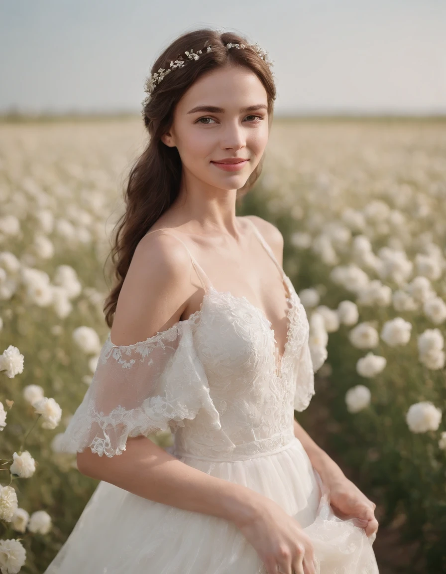 1girl in white wedding dress, Bare shoulders, blooming flower field, light smile, wollensak 127mm f/4.7 ektar