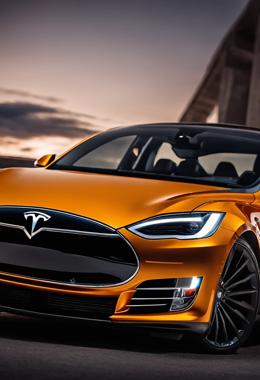 big city,Tesla 3 body, Tesla logo, Tesla wheels, Drive on the road, Side, Ultra HD, High quality, High detail, Best quality, A high resolution, 4K, Masterpiece, Complementary colors, Poster effect, kanon, Atmospheric distance