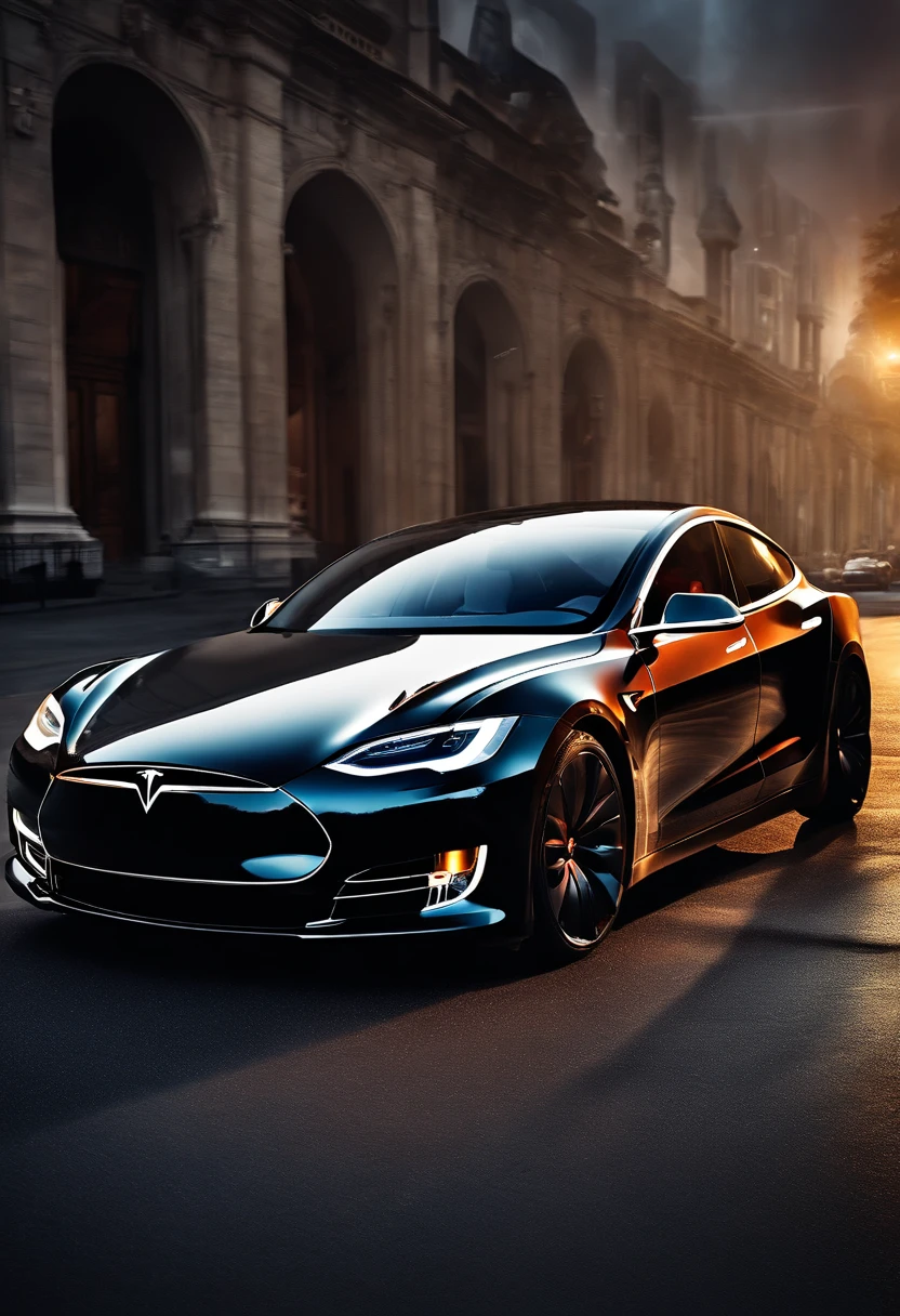 big city,Tesla 3 body, Tesla logo, Tesla wheels, Drive on the road, Side, Ultra HD, High quality, High detail, Best quality, A high resolution, 4K, Masterpiece, Complementary colors, Poster effect, kanon, Atmospheric distance