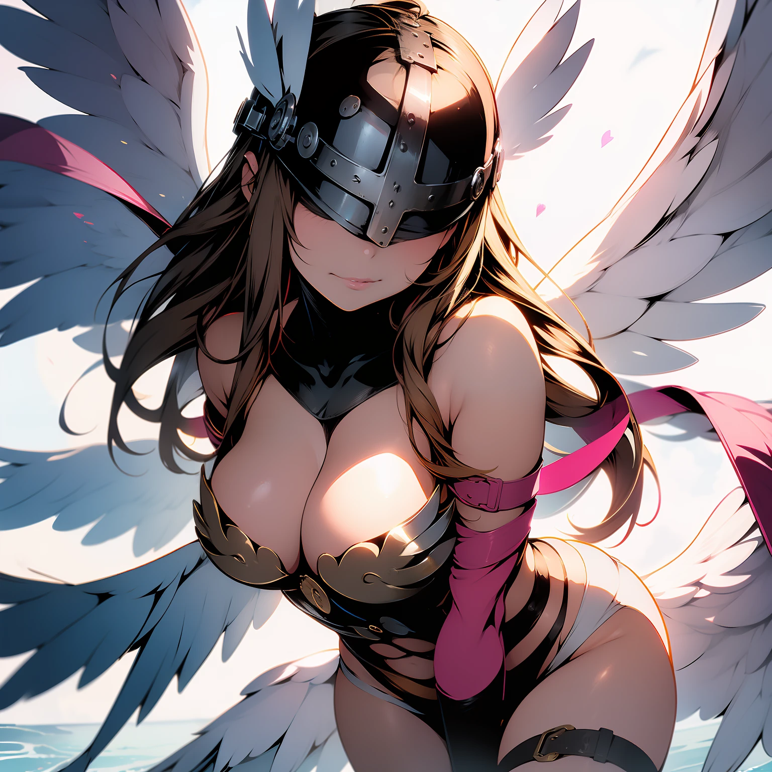 (masterpiece, best quality), angewomon, blonde hair, (covered eyes:1.7), long hair,
angel wings, bare shoulders, elbow gloves, feathered wings, gloves, head wings, helmet, navel, pink ribbon, ribbon, single elbow glove, single glove, thigh strap, wings, adult, big chest, cleavage, full body chest, Grab your own breasts, One girl,