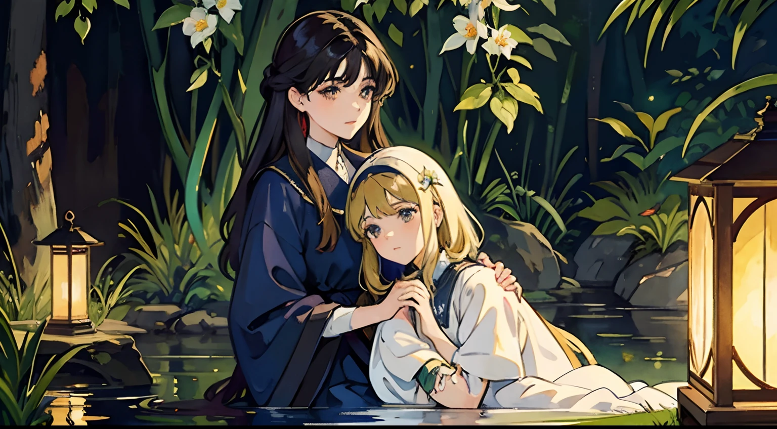 ((Watercolor by Sargent))、(top-quality、​masterpiece)、softlight、Two women sitting by the water, evening、Next to the woman is a lantern、Fireflies are flying、Lily flowers are blooming、magali villeneuve and monet, pre-raphaelite oil painting, pre-raphaelite style,  inspired by Edmund Leighton, Pre-Raphaelite paintings, preraphaelite style