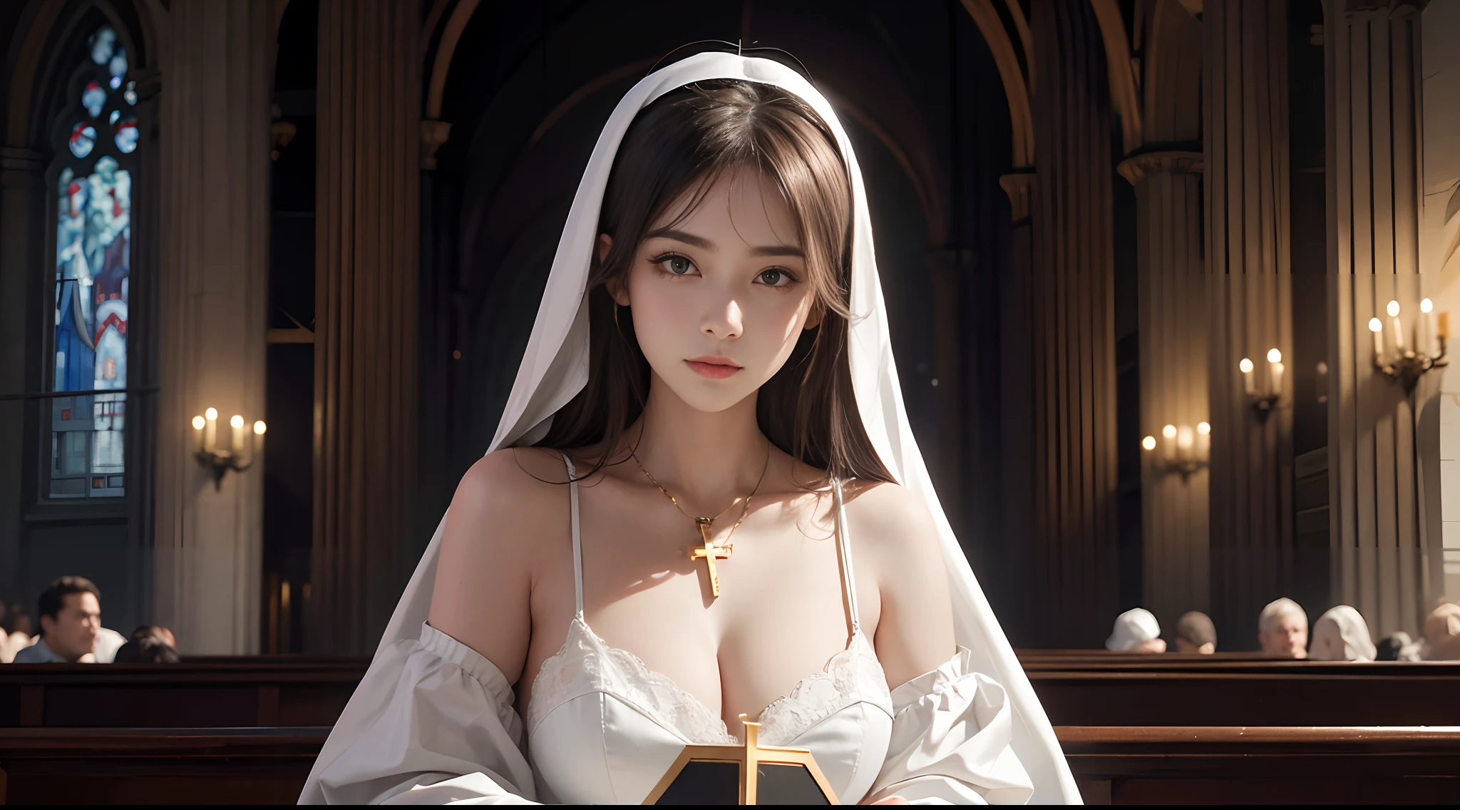 perfect figure beautiful girl:1.4, ars old, smile, showing nipples, big breast:1.5, Layered Hair Style, (Cleric:1.5), Jewelry Decoration, veil, Highly Detailed Face and Skin Textur, double-edged eyelid, Whiten the skin, long hair,  (background snow plains), diamond dust,