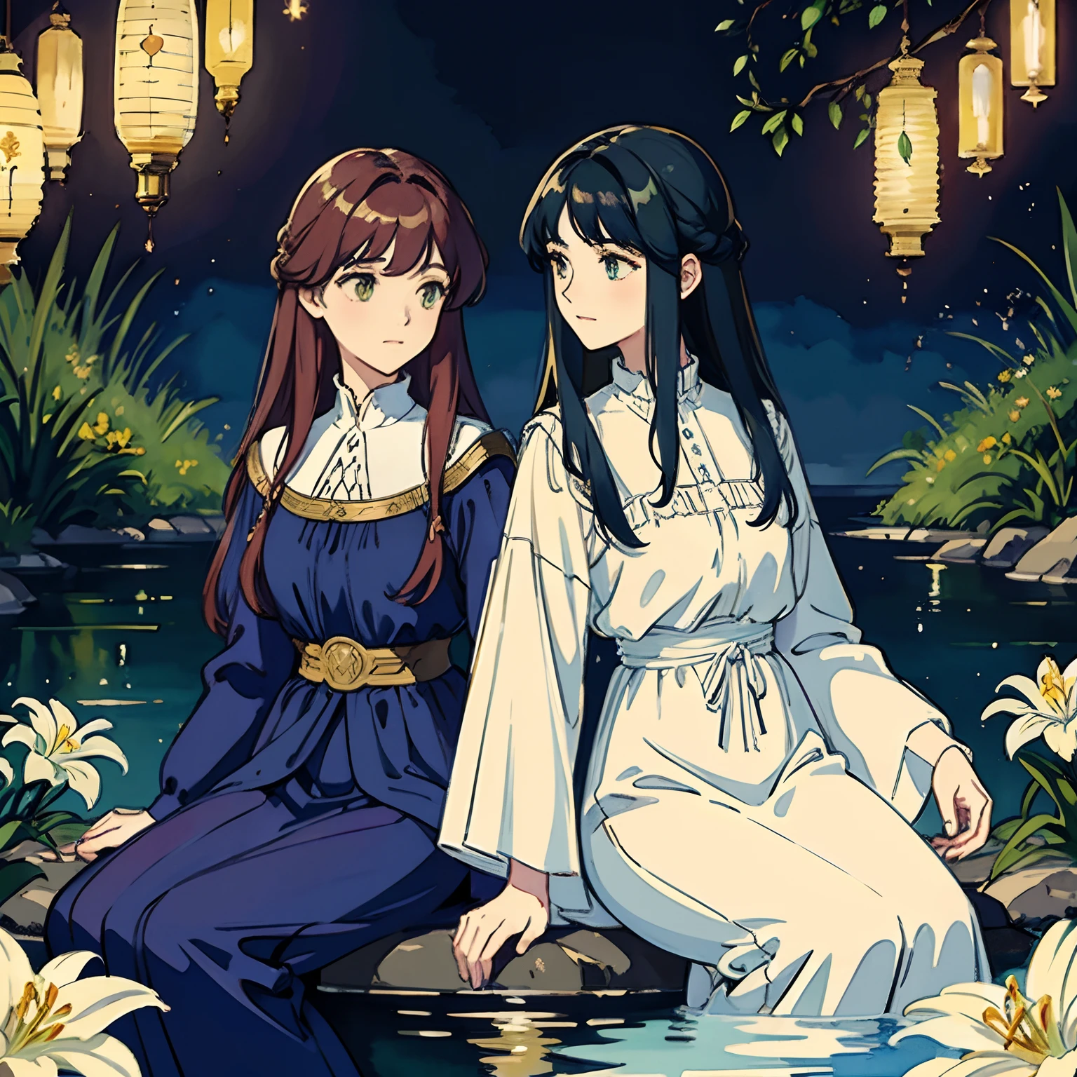 ((Watercolor by Sargent))、(top-quality、masterpiece)、softlight、Two women sitting by the water, evening、Next to the female is a lantern、Fireflies are flying、Lily flowers are blooming、magali villeneuve and monet, pre-raphaelite oil painting, pre-raphaelite style, inspired by Edmund Leighton, Pre-Raphaelite paintings, preraphaelite style