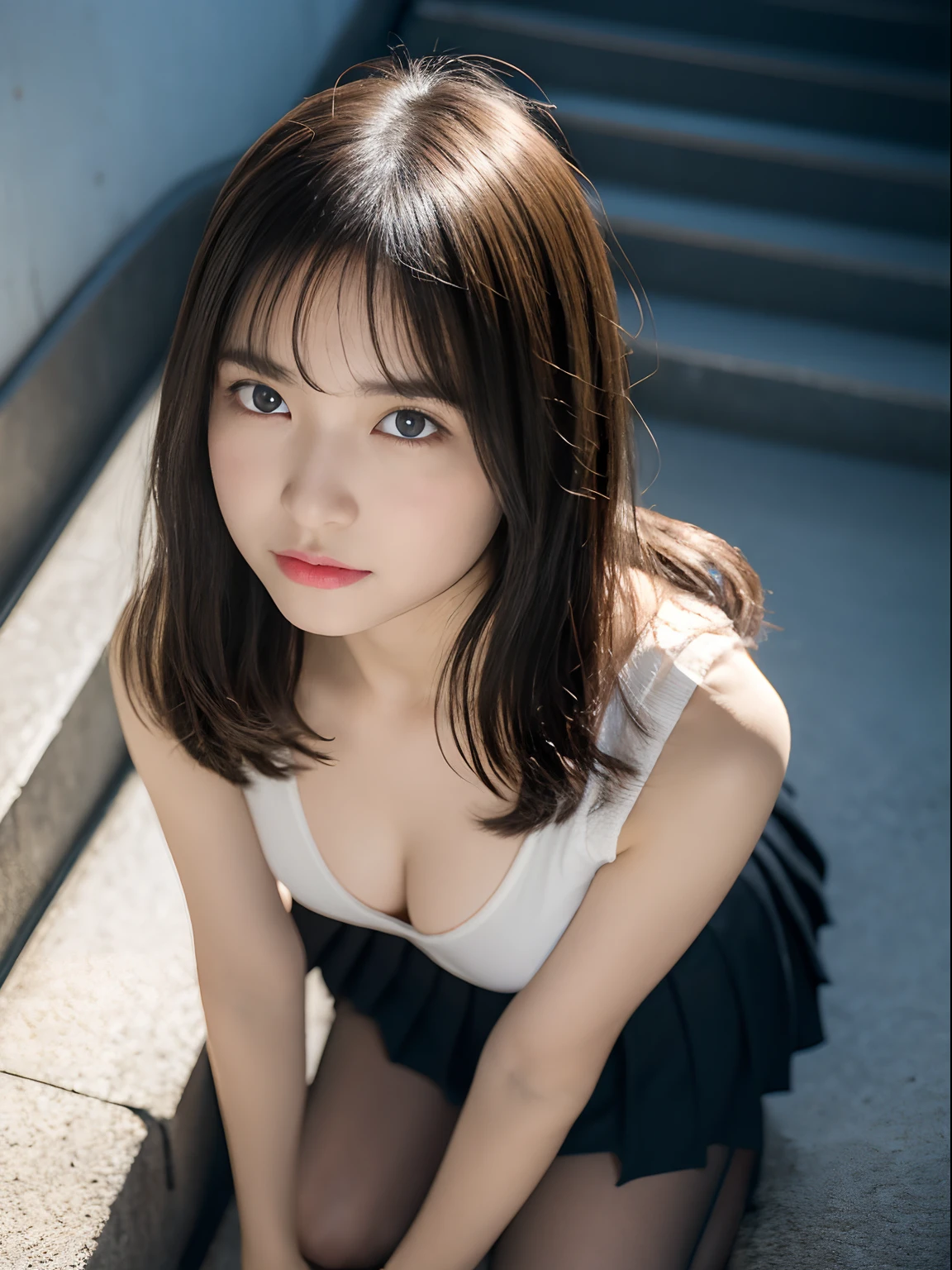 (((32k,high detal,high-detail、masterpiece,Attention to detail,full body Esbian,独奏))),Raw photo & realistic atmosphere,beautiful dark blue eyes,Detailed mouth,Glossy lips,Detailed eyebrows,Eyes drawn in detail with soft white skin that shines with every detail、azure eyes,Very beautiful eyes,Detailed lips、Very beautiful face,Very well-formed face、Lifelike face,shiny beautiful lips, Realistic Young Gravure Idol, very beautiful school girl, ,Moderately beautiful, Young Sensual Gravure Idol, Young Gravure Idol, Beautiful and cute15 year old schoolgirl,the whole body is wet,dripped out,with a flushed face,Incredibly beautiful15-year-old girl,short-cut,Brown shiny hair,Hair is wet,Dripping water,dripping,Crouching on the stairs with your legs open,(Black pantyhose,Beautiful kind eyes,Looking at the camera:1.4),(darkness,Very dark,Pitch-black staircase without street lights,Illuminate the subject with a flashlight,spot light:1.7),(Slightly chubby youth,Black see-through bra only on upper body,The lower part of the body is a black pleated skirt and black see-through panties are visible..,lowfers,Shot in the center of the belly,well-shaped breasts,,Mature body, shot from top,From directly above,Frightened,I'm about to cry,Moist eyes,cold smile,glares:1.5)