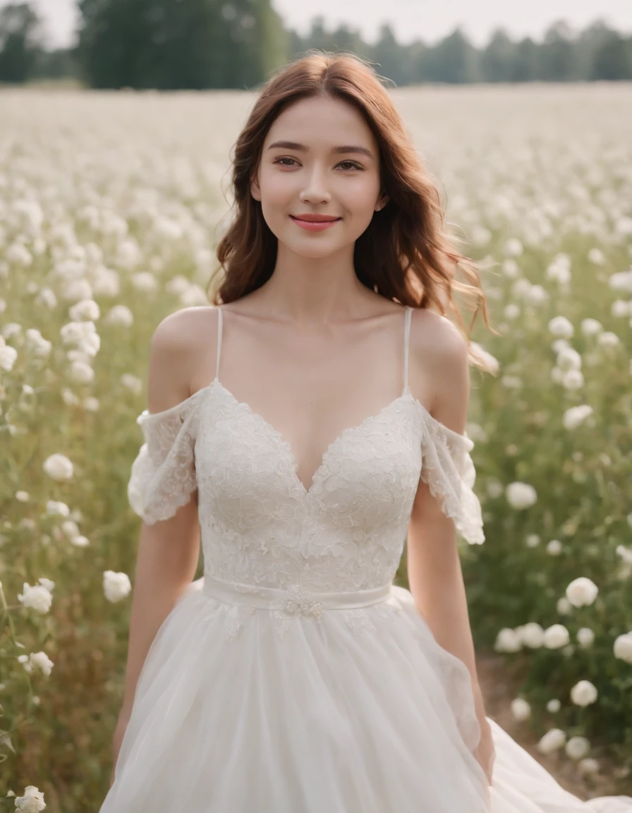 1girl in white wedding dress, Bare shoulders, blooming flower field, light smile, wollensak 127mm f/4.7 ektar
