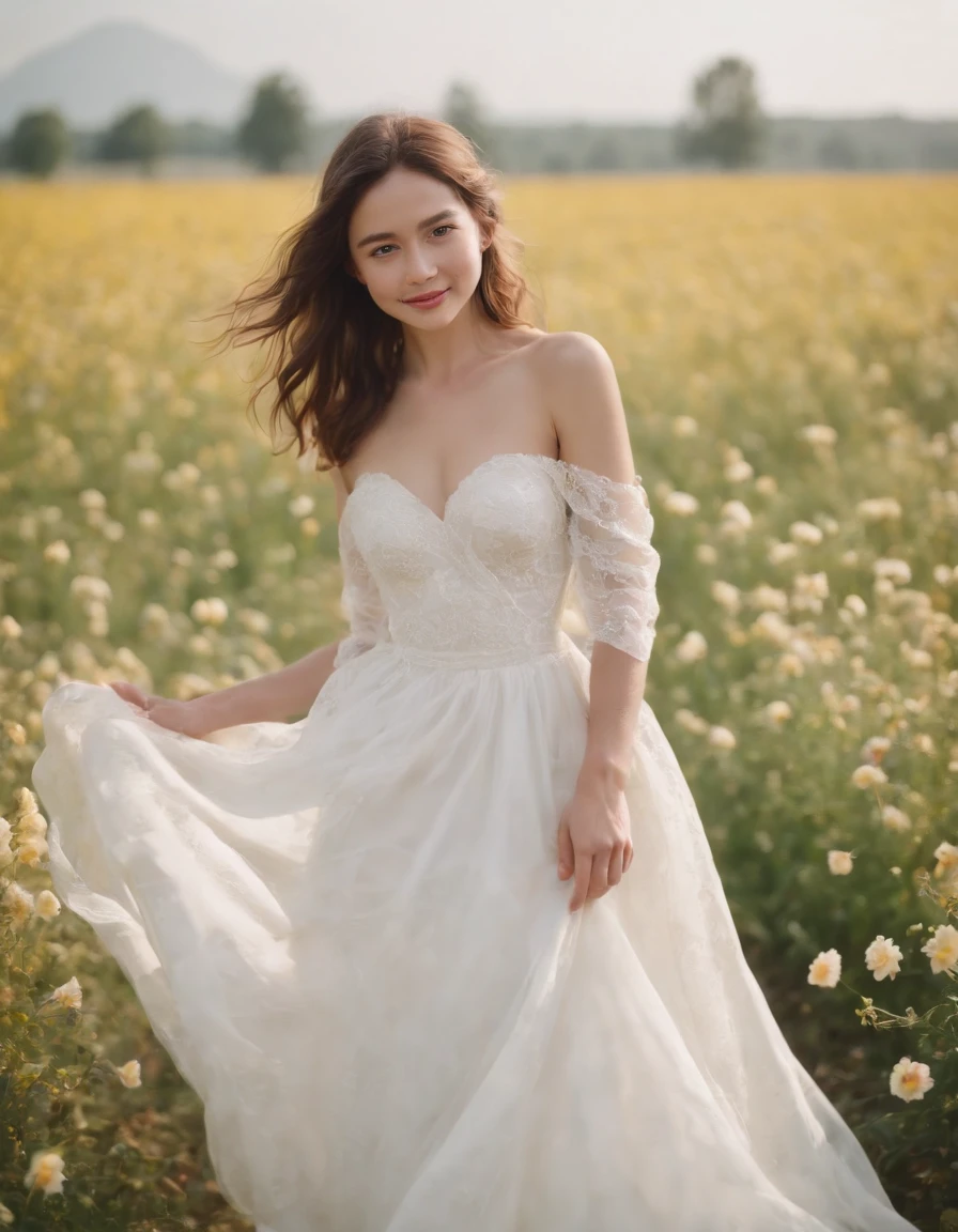 1girl in white wedding dress, Bare shoulders, blooming flower field, light smile, wollensak 127mm f/4.7 ektar