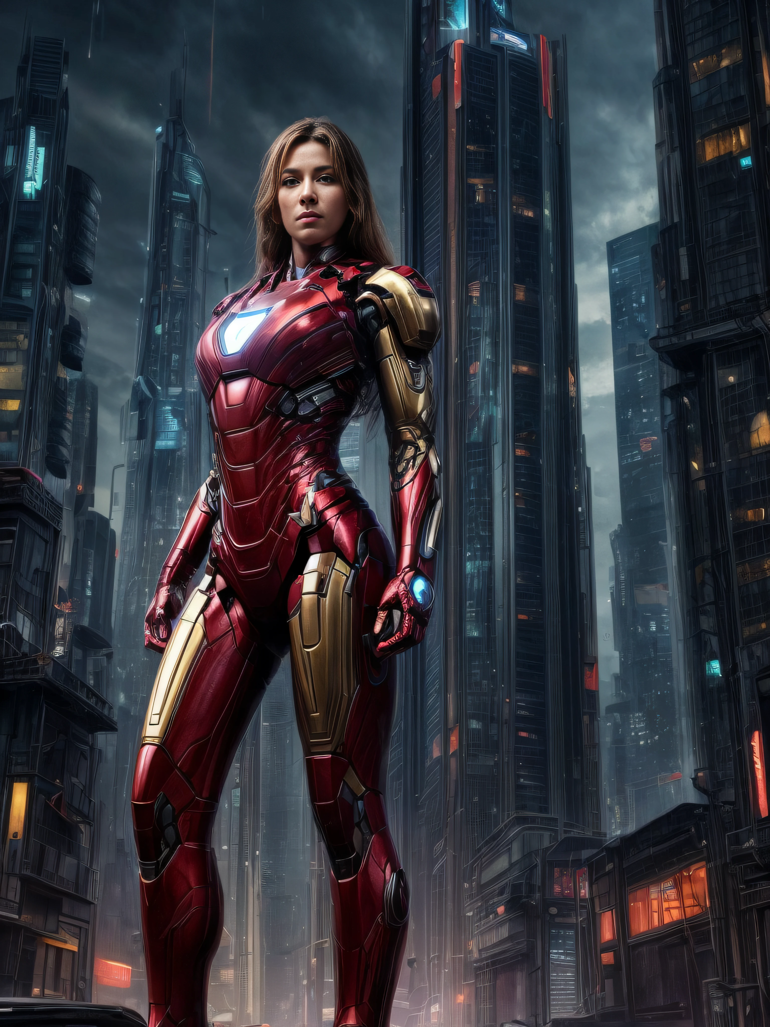8k, photorealistic, attractive, highly detailed, a 20 year old girl a sexy and attractive woman inspired by Iron Man wearing a shiny Iron Man mech. She dresses with sexiness and confidence, perfectly interpreting Iron Man's strength and charisma. In a cyberpunk-style city night scene, a sexy and attractive woman takes Iron Man's cosplay as the theme. Wearing a shiny Iron Man mech, she stands on a street lined with tall buildings. The night lights of the city are bright, reflecting on her mecha, adding a sense of future technology. The surrounding buildings and streets are full of cyberpunk elements, such as neon lights, high-tech devices and futuristic architectural designs. The whole scene is full of futuristic and sci-fi atmosphere. This high-definition, high-quality picture will bring you stunning visual enjoyment, a perfect combination of sexy, futuristic and sci-fi elements. oc rendering, dramatic lighting, award winning quality(showing full body(More action pose, Realistic, Don't Cut leg)(Just show female model face)