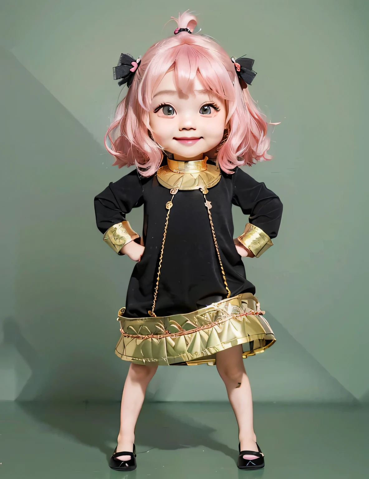 a cute asian girl in a black dress and a gold belt with human like green eyes with a smile on her face, real life, ultra realistic, 8k, live action, ((Best quality, 8k, Masterpiece :1.3)), Highly detailed face and skin texture, (Realistic, Photorealistic:1.4), pink color hair