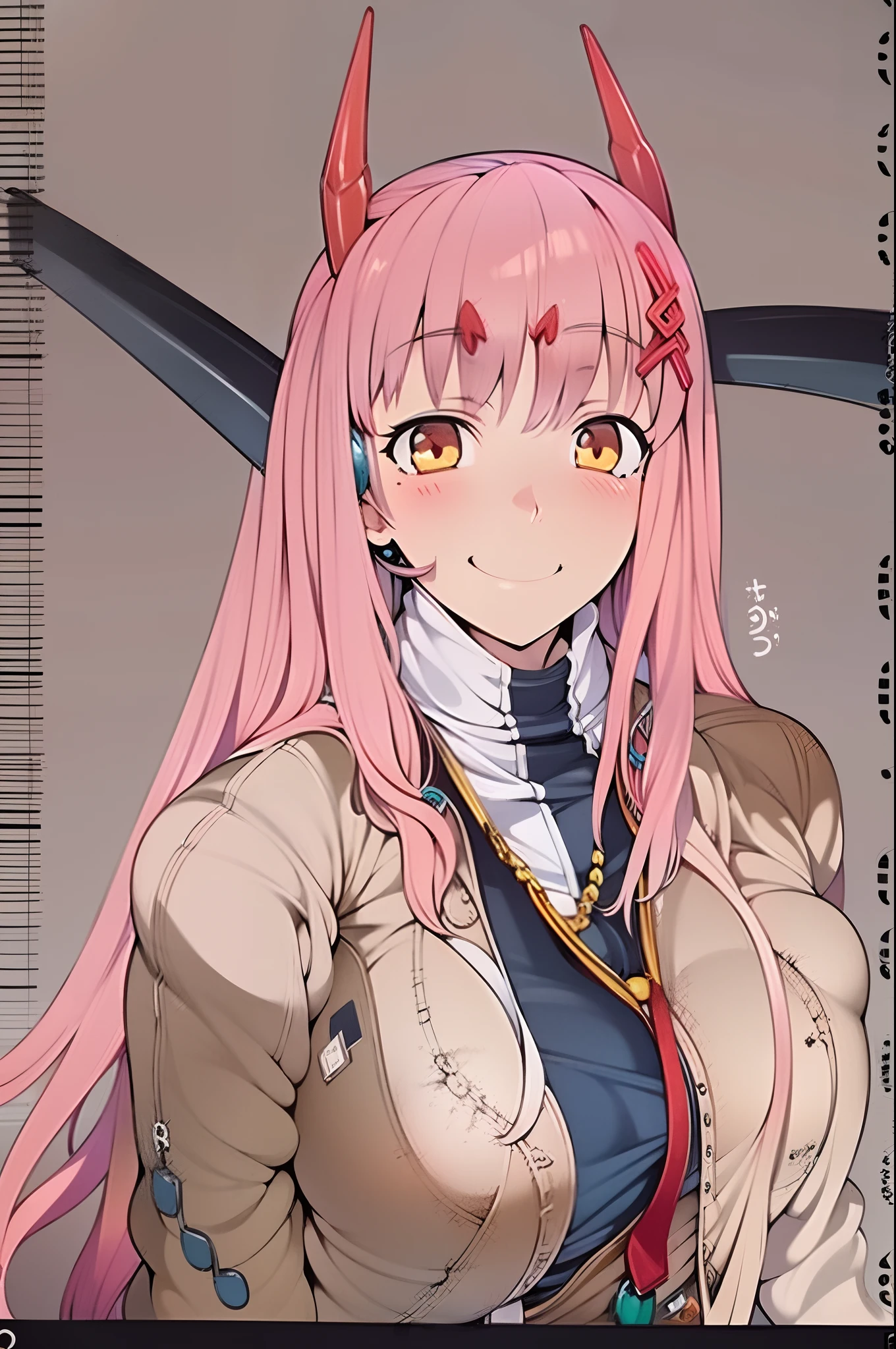 Very detailed background, masutepiece, Best Quality, 1girl in, Solo, ((masutepiece, Best Quality)),Best aesthetic, Zero Two (darling in the franxx), darling in the franxx, Bangs, Biting, blush, Covered navel, eyeshadows, Green eyes, hair behind head, put hands on the hip, Horns, Smile, Long hair, Looking at Viewer, makeup, medium breasts, pilotsuit, Red suit, Pink hair, Red eyeshadow, Science fiction, Skin Tight,