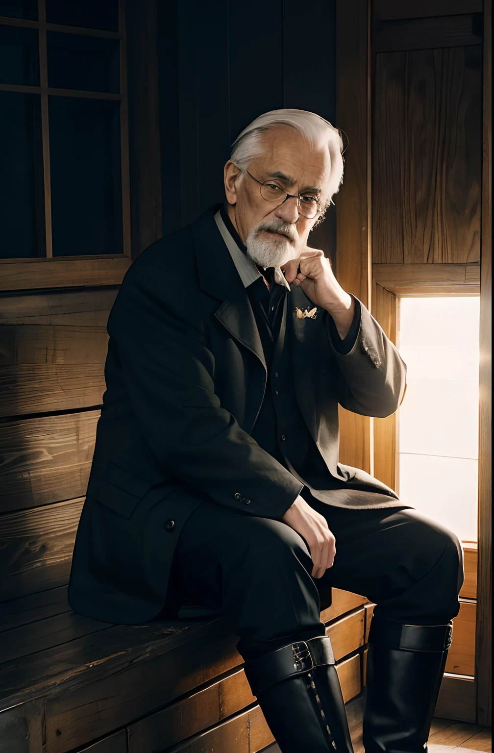 with a goatee,Old gentleman in black riding boots,Show off his boots,The light source is in the upper left corner。