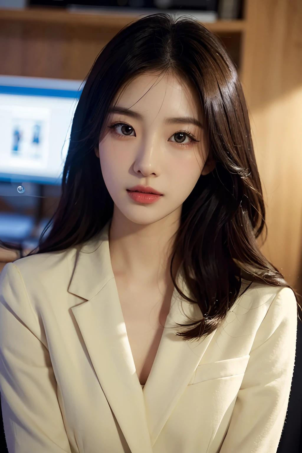 High-res, Realistic portrait of professional korean office lady with perfect skin,Professional suits,Women's suits,stand posture,The upper part of the body,Women in the workplace,Show confidence and maturity, Surrounded by a modern corporate environment, Vibrant and naturally lit highlights. The artwork should emphasize her elegant facial features, Including charming long eyes, Fluttering eyelashes and seductive lips. The scene should be enhanced with elements of professionalism and visual appeal,For example, Stylish work desk, Mainframe computers, High-resolution display, and complex stationery. The overall tone should be warm and professional, Has a soft and natural color palette. The artwork should exude a sense of professionalism, Success, and cultural pride,The background is blurred out