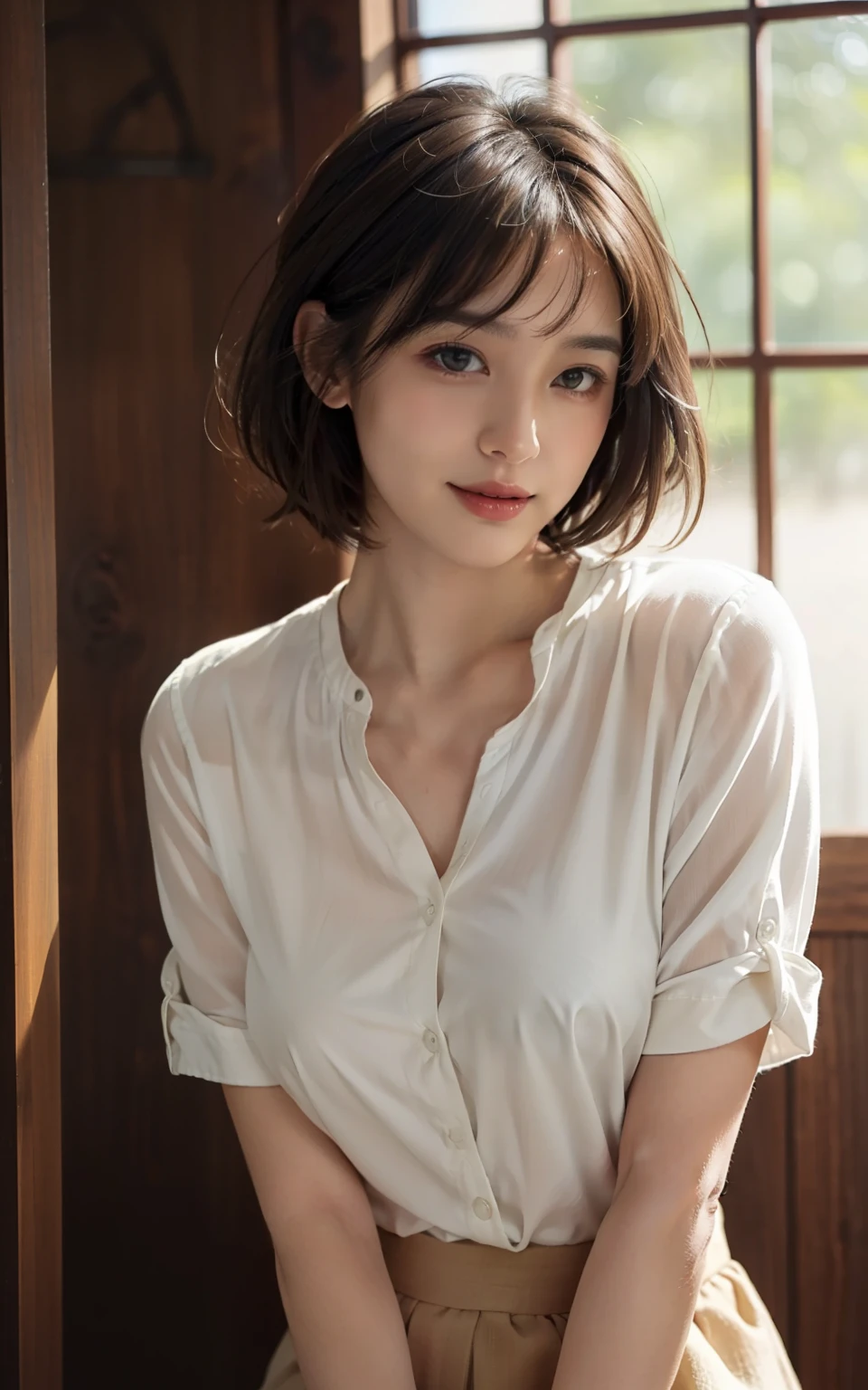 (Raw photo, Best Quality), (Realistic, Photorealsitic:1.3), masterpiece, Extremely delicate and beautiful, Soft light, (Brown hair, Short hair swaying in the wind, Bangs), Beautiful detailed girl, (Detailed fingers), extremely detailed eye and face, beautiful detailed nose, Beautiful detailed eyes, 1 girl, Japanese, Neat and clean beauty, Cute, young, Smile, dress shirt, skirt, (Half body:1.3), (medium breasts), Realistic face, Realistic body, indoors