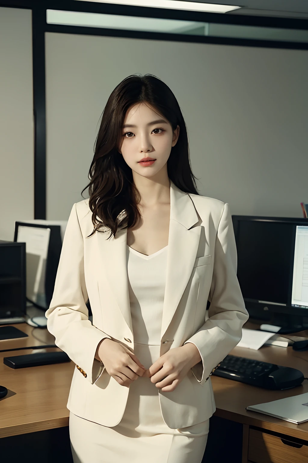 High-res, Realistic portrait of professional korean office lady with perfect skin,Professional suits,Women's suits,stand posture,The upper part of the body,Women in the workplace,Show confidence and maturity, Surrounded by a modern corporate environment, Vibrant and naturally lit highlights. The artwork should emphasize her elegant facial features, Including charming long eyes, Fluttering eyelashes and seductive lips. The scene should be enhanced with elements of professionalism and visual appeal,For example, Stylish work desk, Mainframe computers, High-resolution display, and complex stationery. The overall tone should be warm and professional, Has a soft and natural color palette. The artwork should exude a sense of professionalism, Success, and cultural pride,The background is blurred out