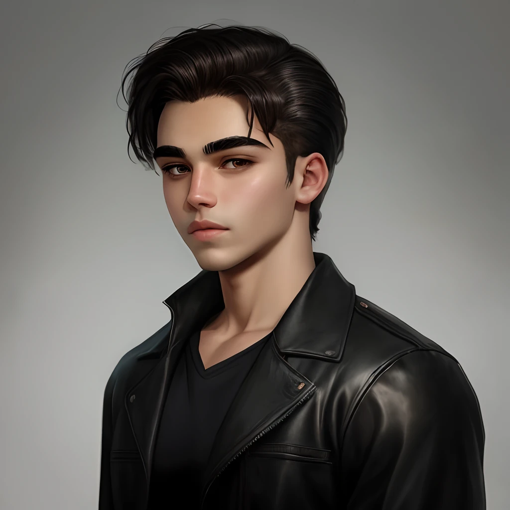 Crie um personagem desenho misterioso sombrio idade 18 anos cabelo topete preto homem forte
